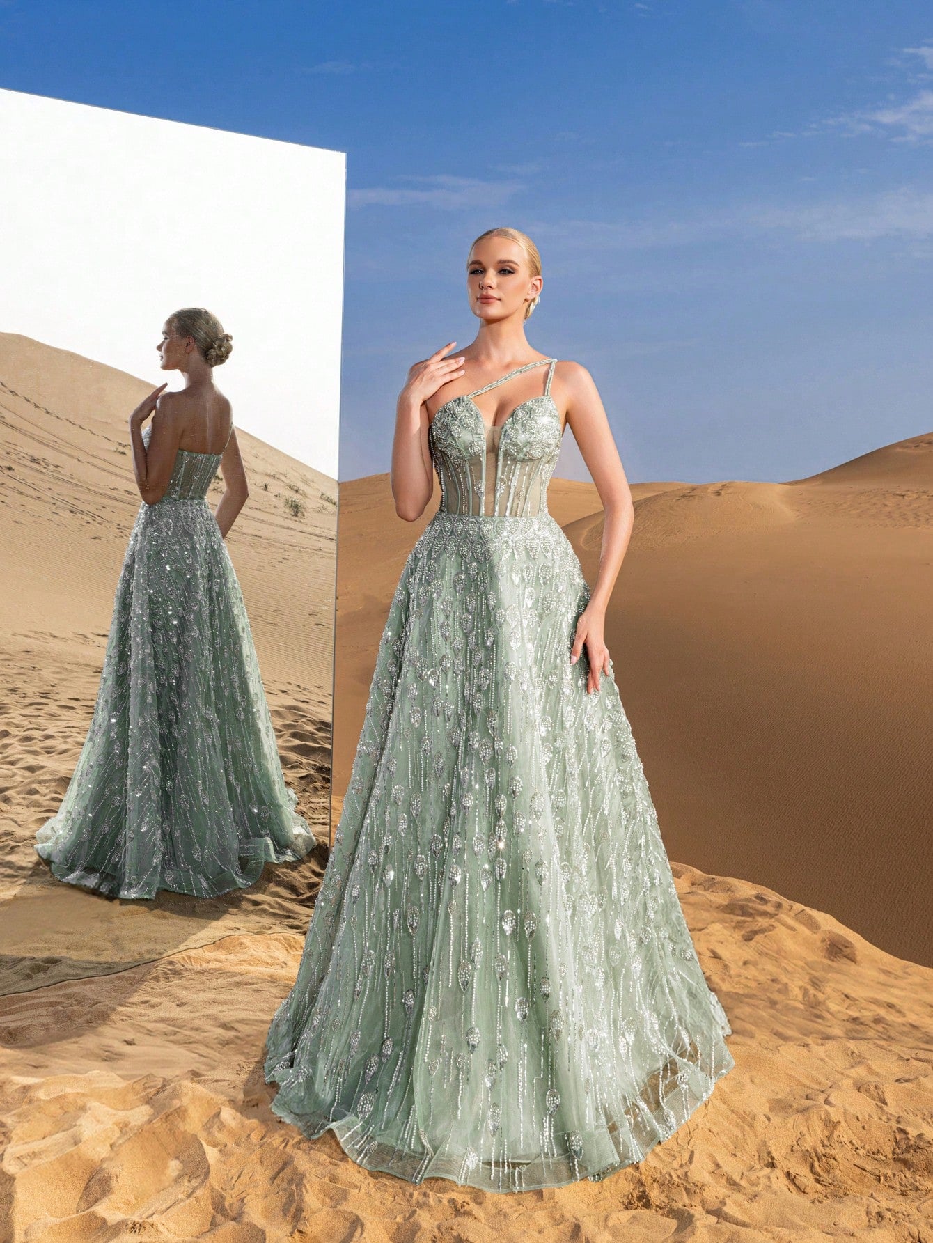 Gorgeous One Shoulder Sheer Corset Bodice Beaded Formal Dresses & Evening Gowns