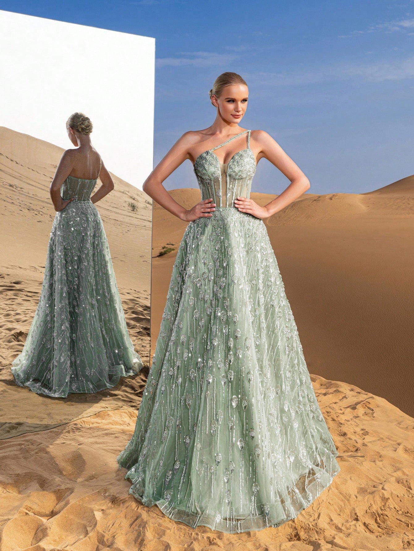 Gorgeous One Shoulder Sheer Corset Bodice Beaded Formal Dresses & Evening Gowns