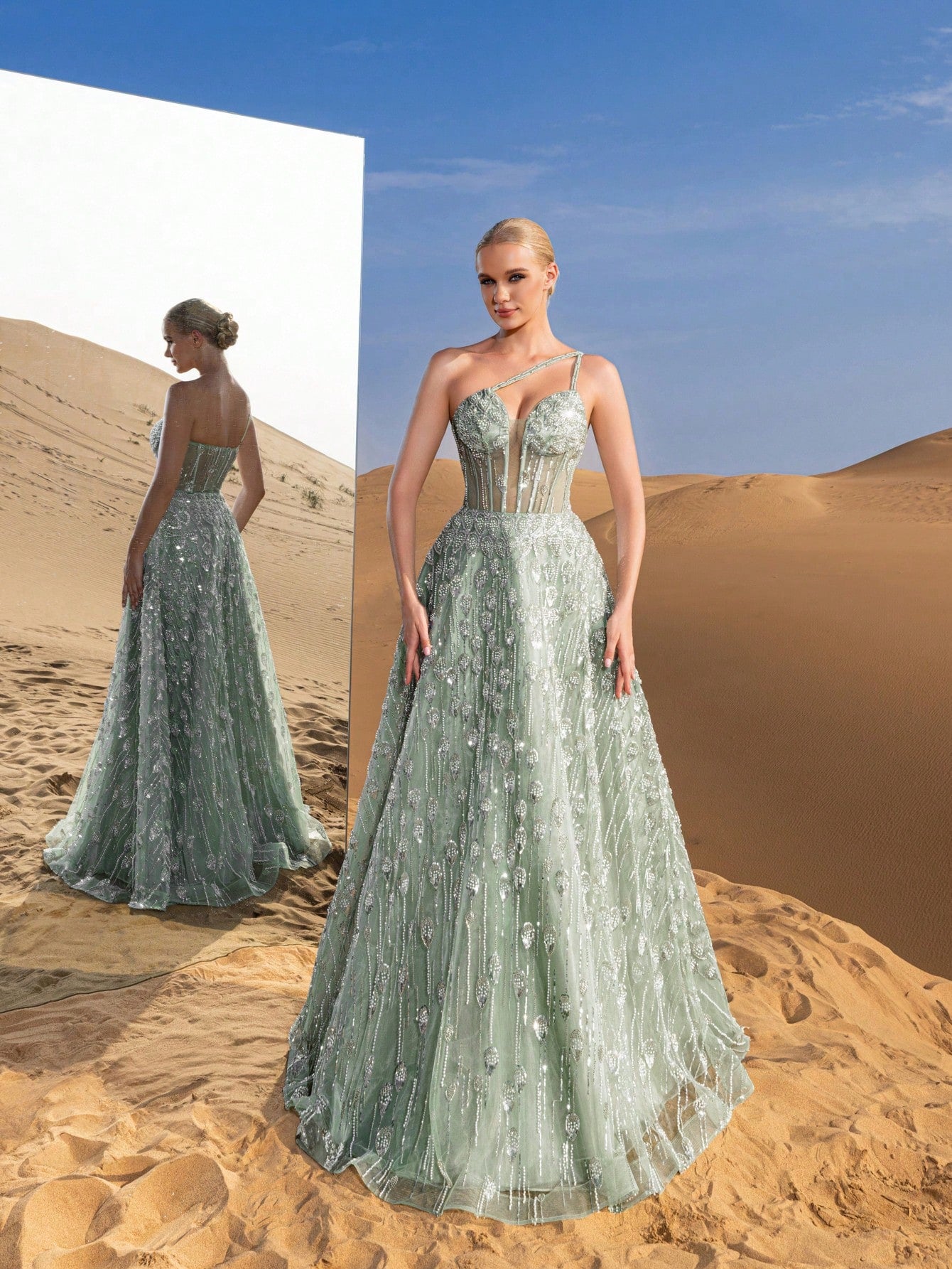 Gorgeous One Shoulder Sheer Corset Bodice Beaded Formal Dresses & Evening Gowns