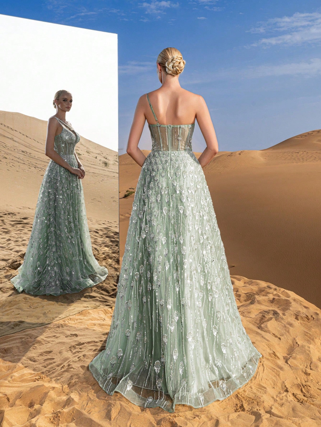 Gorgeous One Shoulder Sheer Corset Bodice Beaded Formal Dresses & Evening Gowns