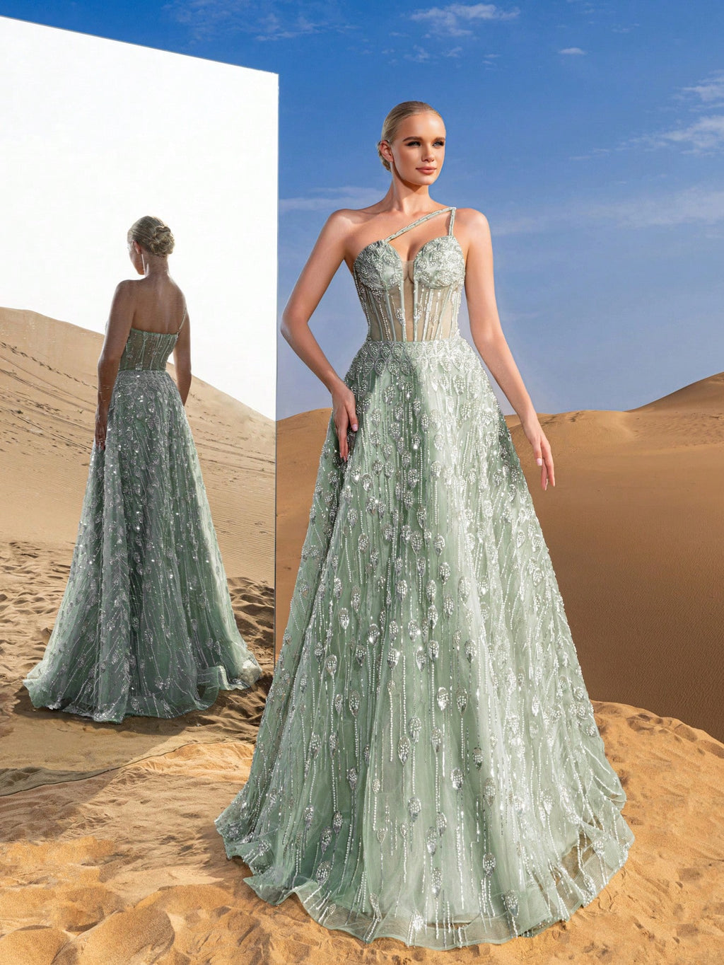 Gorgeous One Shoulder Sheer Corset Bodice Beaded Formal Dresses & Evening Gowns