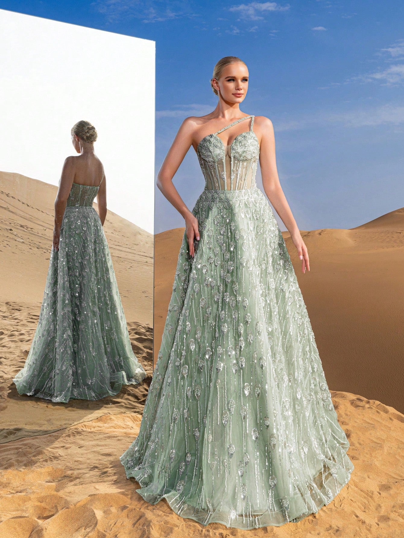 Gorgeous One Shoulder Sheer Corset Bodice Beaded Formal Dresses & Evening Gowns
