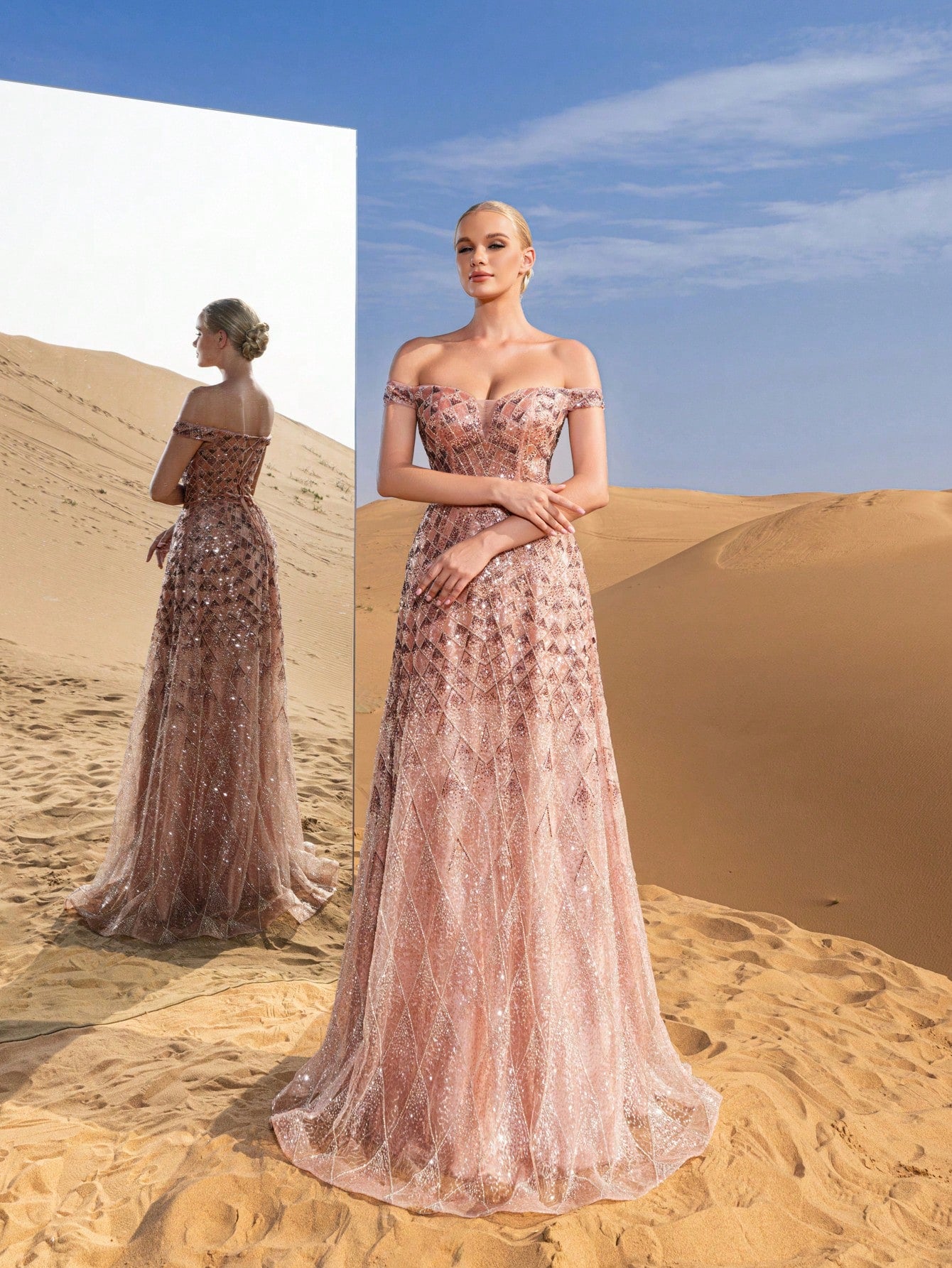 Gorgeous Off Shoulder Lace-up Back Sequined Beaded Formal Prom Dresses & Evening Gowns