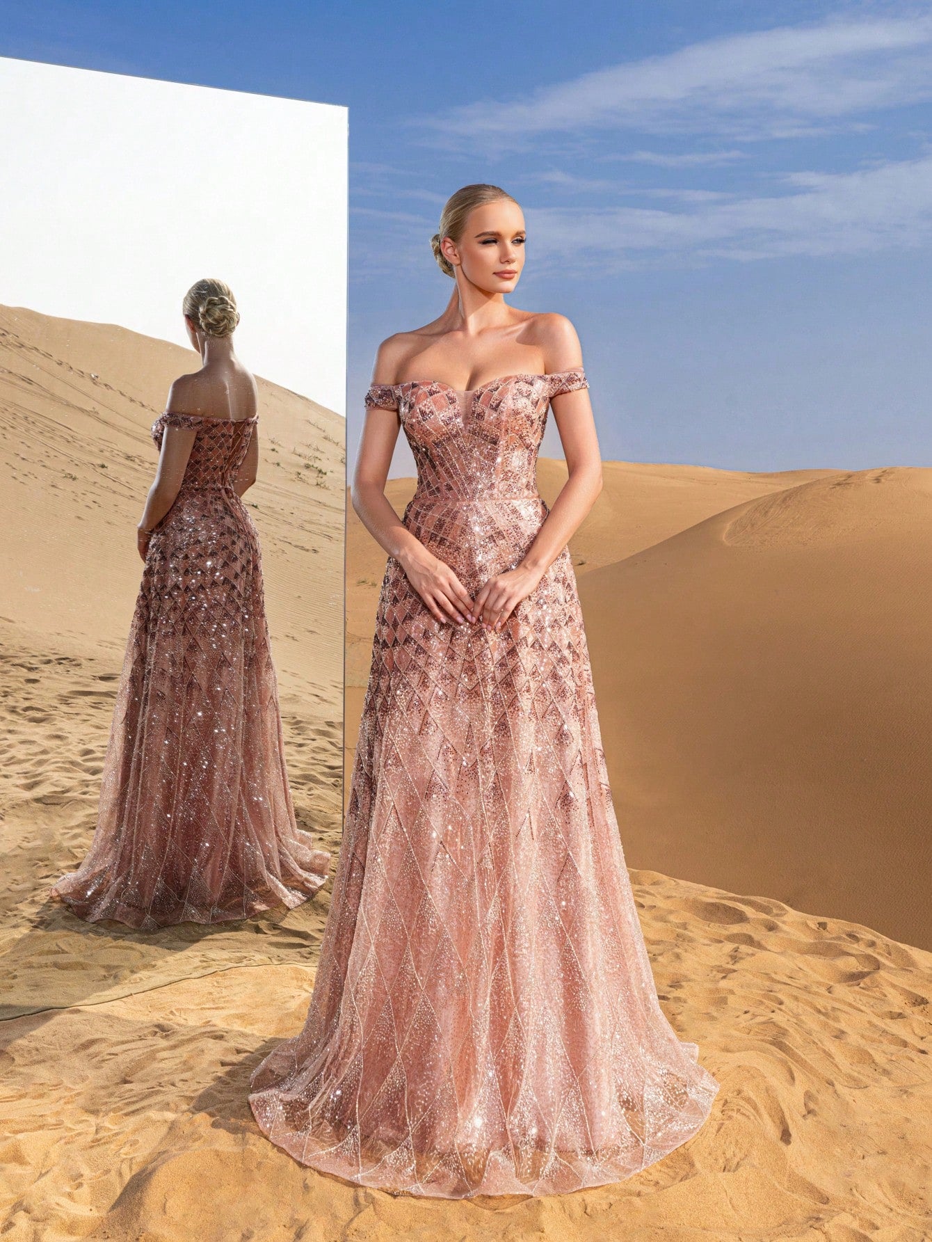 Gorgeous Off Shoulder Lace-up Back Sequined Beaded Formal Prom Dresses & Evening Gowns