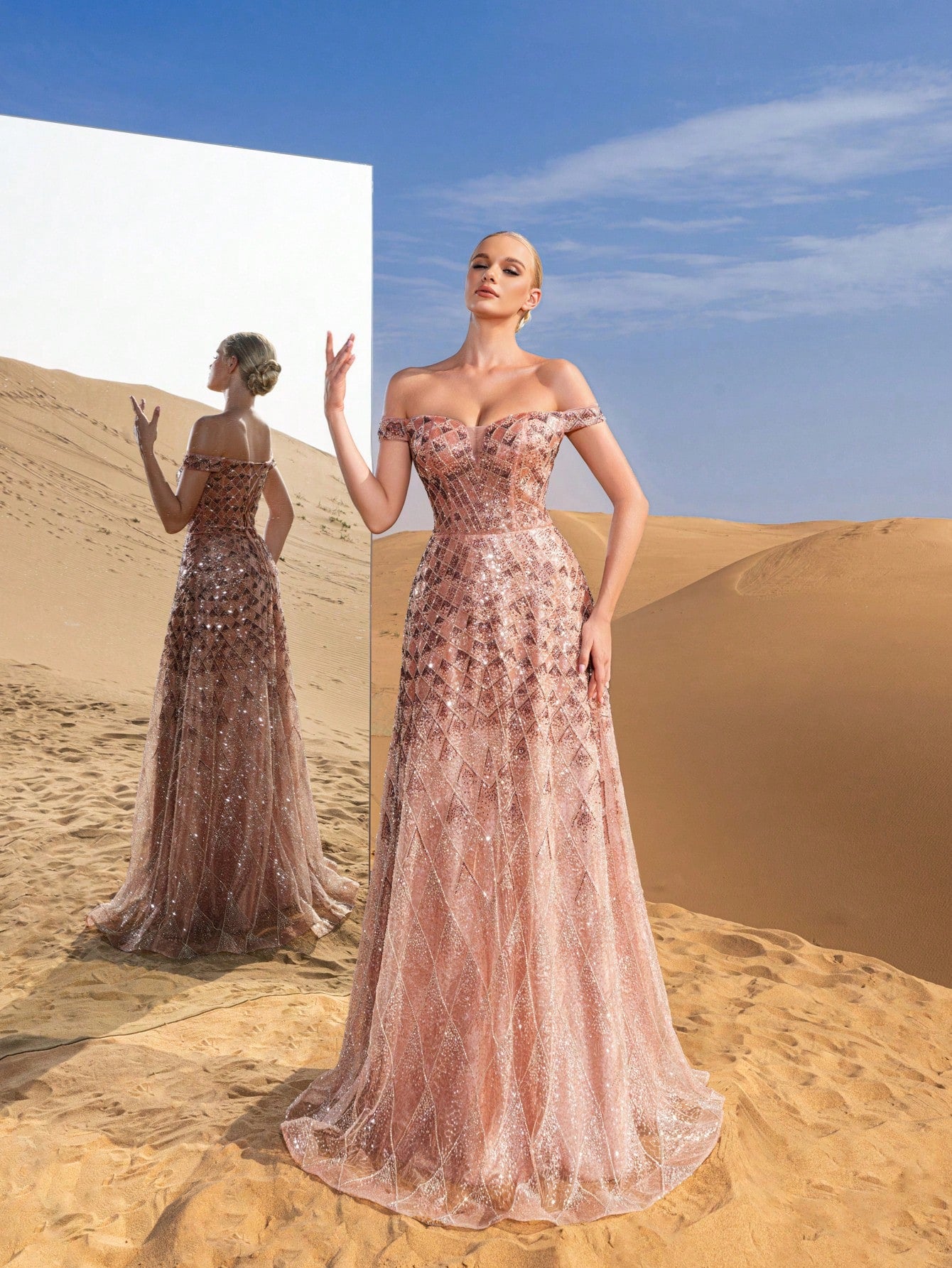 Gorgeous Off Shoulder Lace-up Back Sequined Beaded Formal Prom Dresses & Evening Gowns