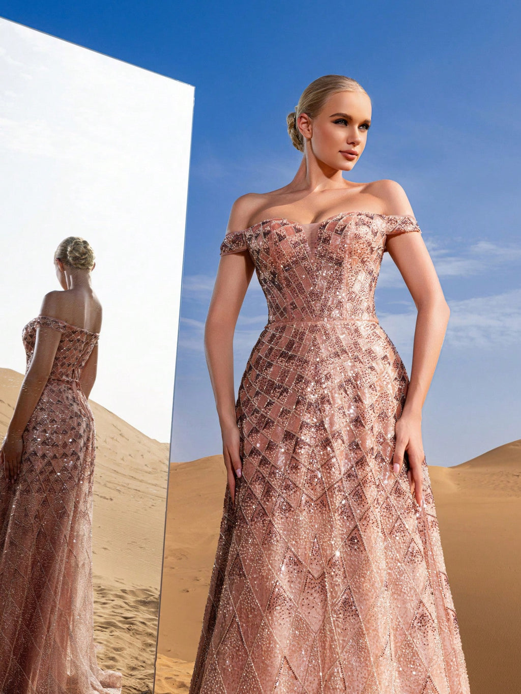 Gorgeous Off Shoulder Lace-up Back Sequined Beaded Formal Prom Dresses & Evening Gowns