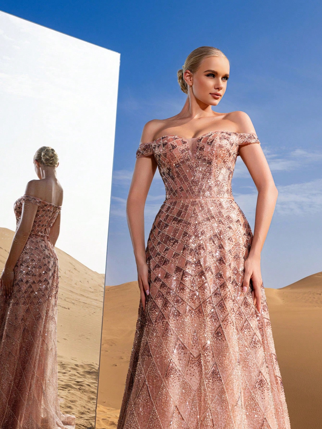 Gorgeous Off Shoulder Lace-up Back Sequined Beaded Formal Prom Dresses & Evening Gowns