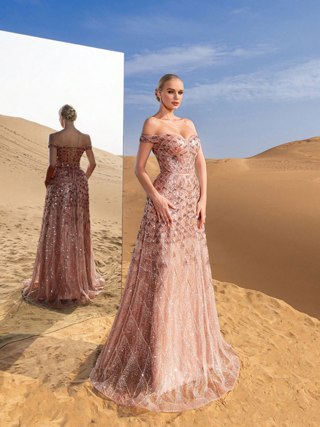 Gorgeous Off Shoulder Lace-up Back Sequined Beaded Formal Prom Dresses & Evening Gowns