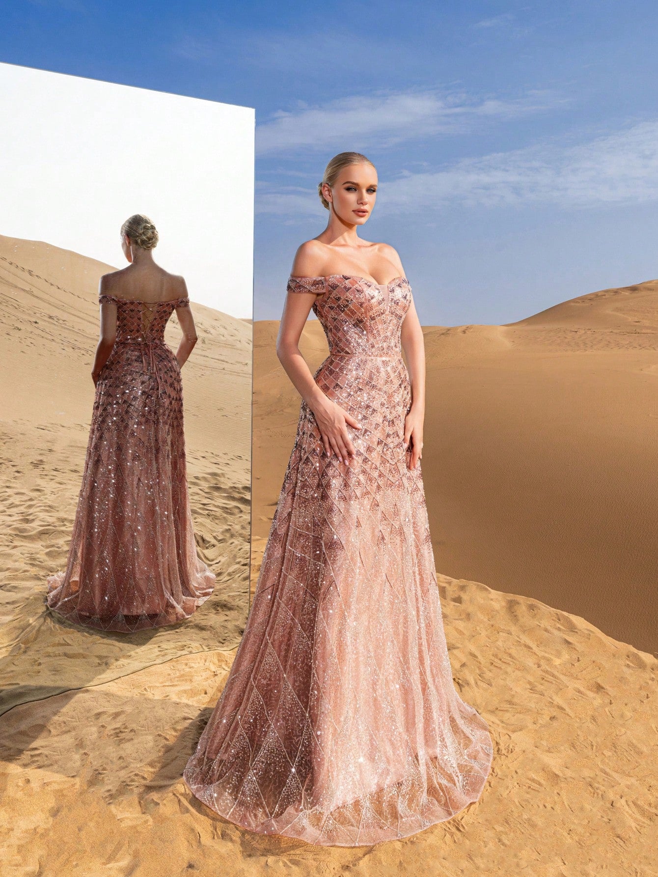 Gorgeous Off Shoulder Lace-up Back Sequined Beaded Formal Prom Dresses & Evening Gowns