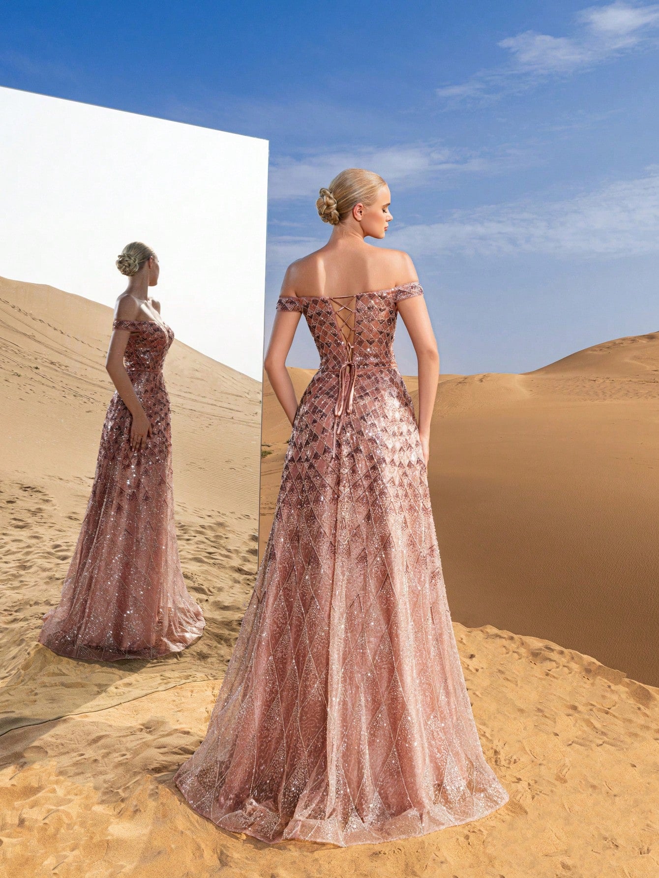 Gorgeous Off Shoulder Lace-up Back Sequined Beaded Formal Prom Dresses & Evening Gowns