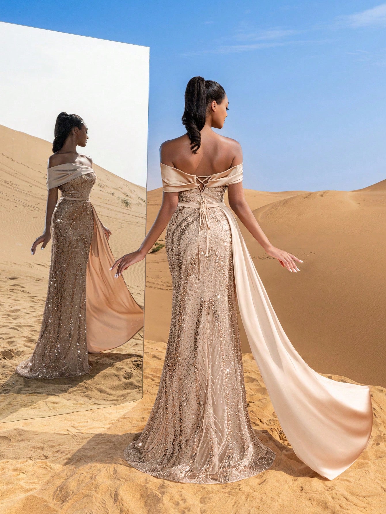 Elegant Beaded Off-Shoulder Evening Gowns with Side Draping & Mermaid Hem