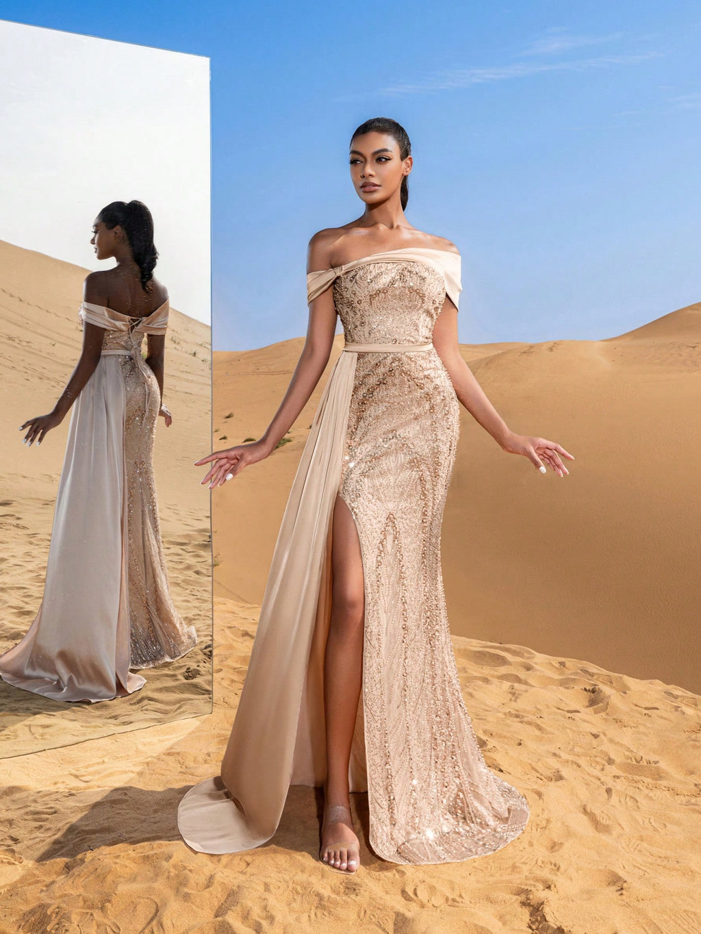 Elegant Beaded Off-Shoulder Evening Gowns with Side Draping & Mermaid Hem
