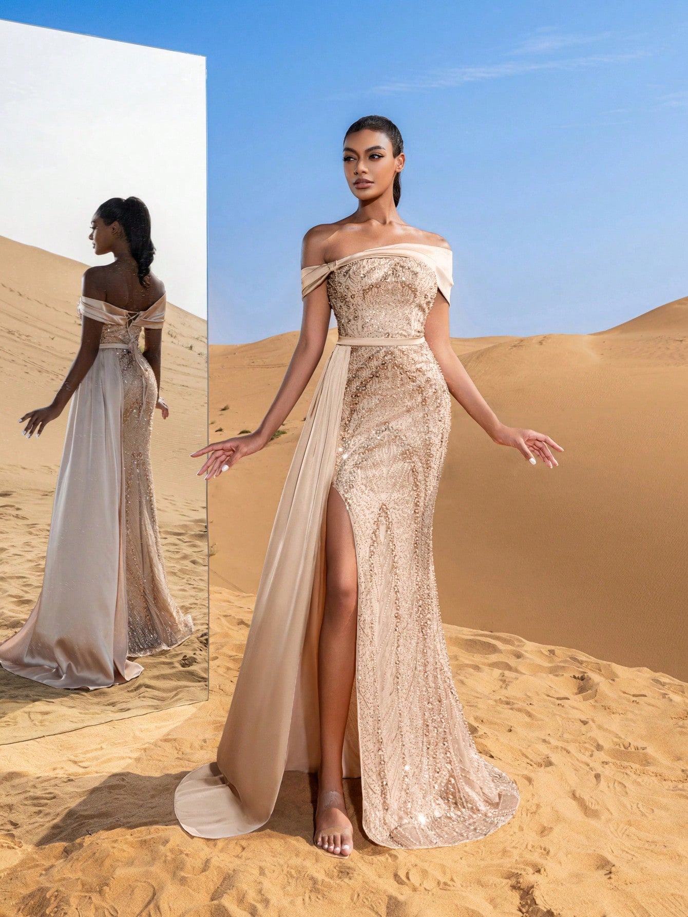 Elegant Beaded Off-Shoulder Evening Gowns with Side Draping & Mermaid Hem