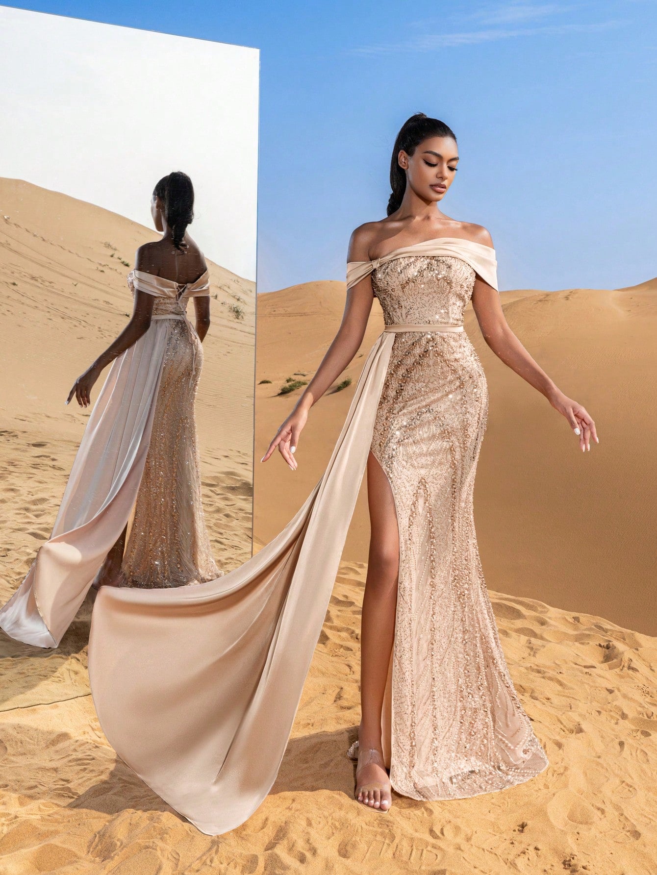 Elegant Beaded Off-Shoulder Evening Gowns with Side Draping & Mermaid Hem