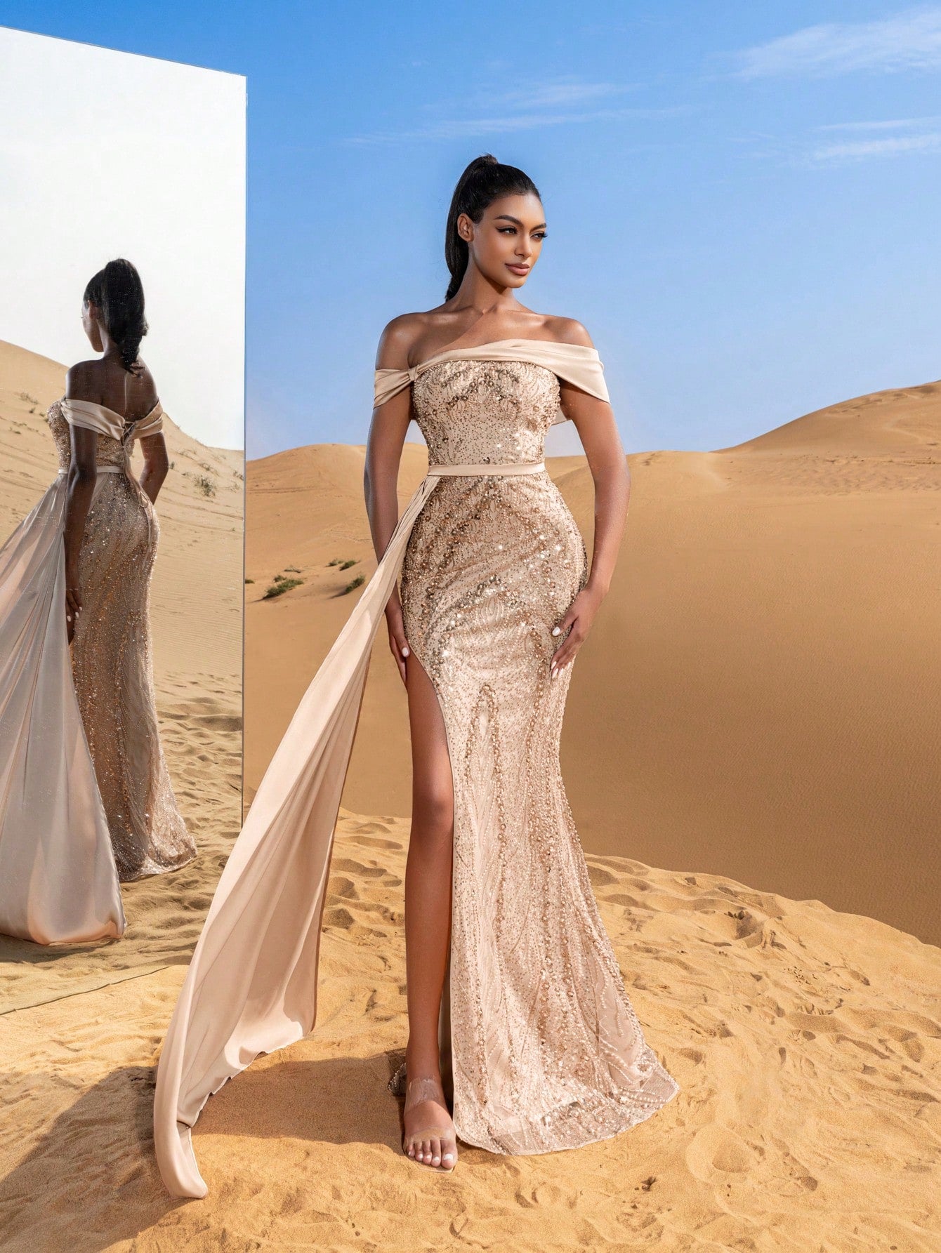 Elegant Beaded Off-Shoulder Evening Gowns with Side Draping & Mermaid Hem