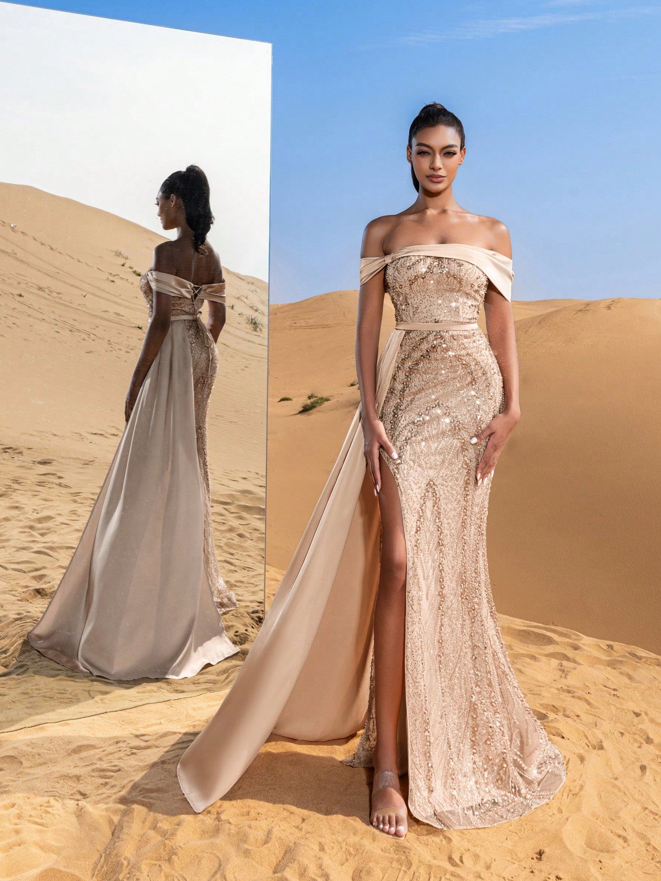 Elegant Beaded Off-Shoulder Evening Gowns with Side Draping & Mermaid Hem