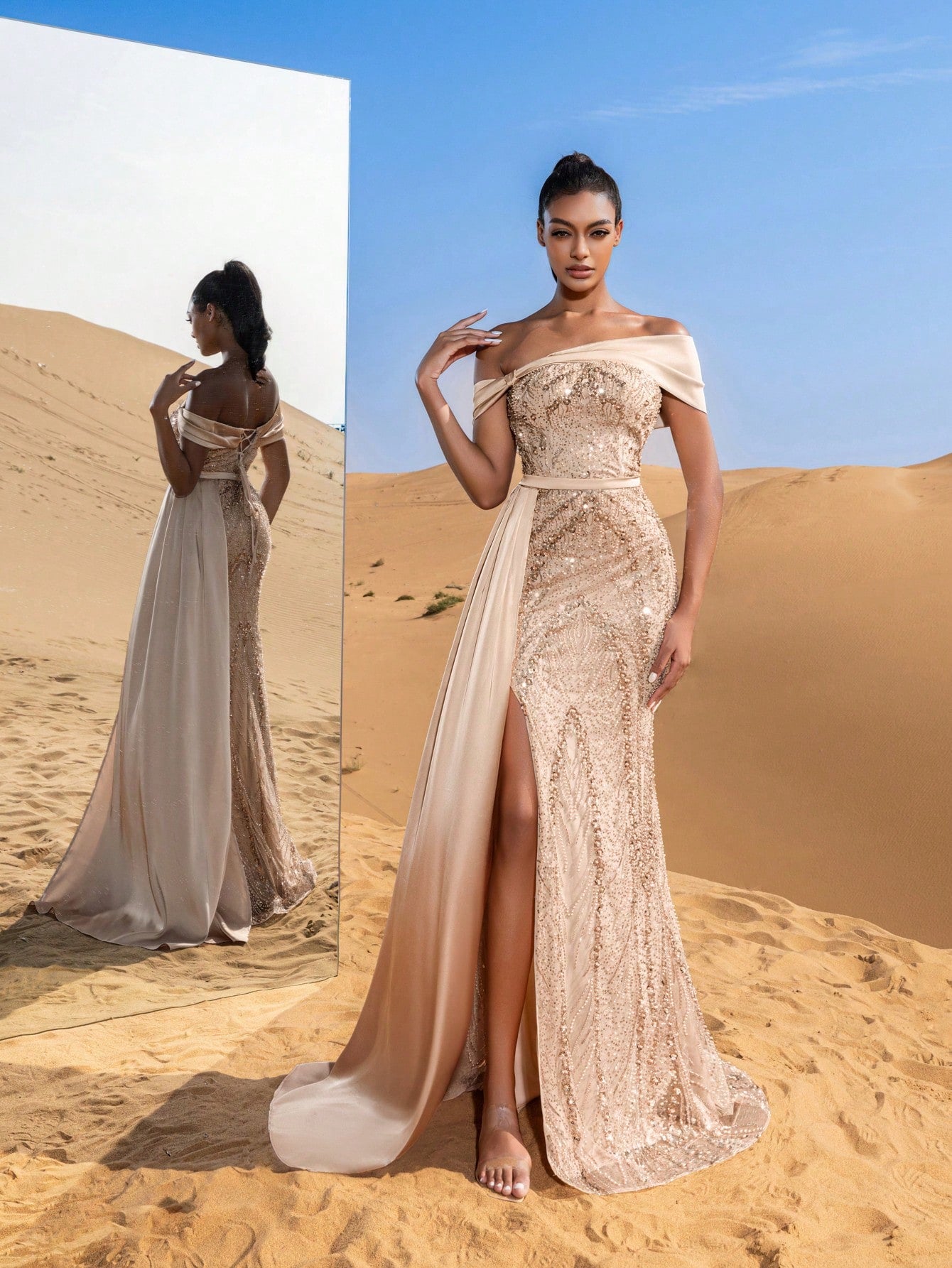 Elegant Beaded Off-Shoulder Evening Gowns with Side Draping & Mermaid Hem