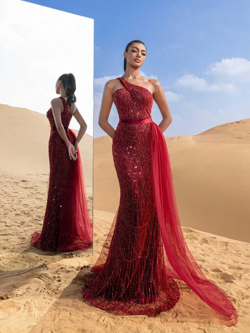 Luxury One Shoulder Sheer Overlay Beaded Formal Evening Dress & Embellished Dress & Beaded Gowns & Evening Gowns
