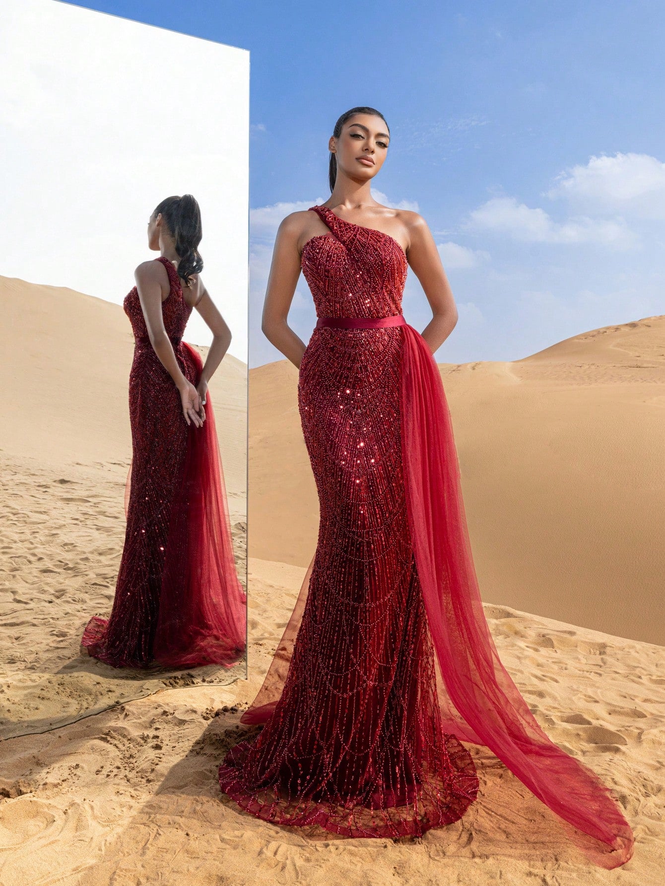 Luxury One Shoulder Sheer Overlay Beaded Formal Evening Dress & Embellished Dress & Beaded Gowns & Evening Gowns