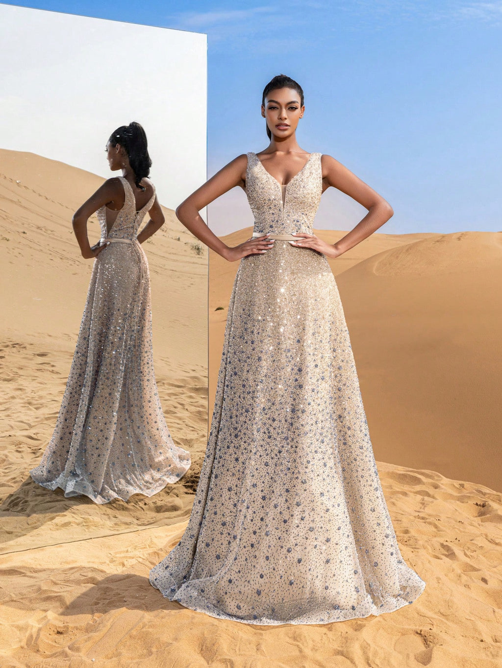 Elegant Plunging Neck Lace-up Beaded Formal Prom Dresses & Evening Gowns