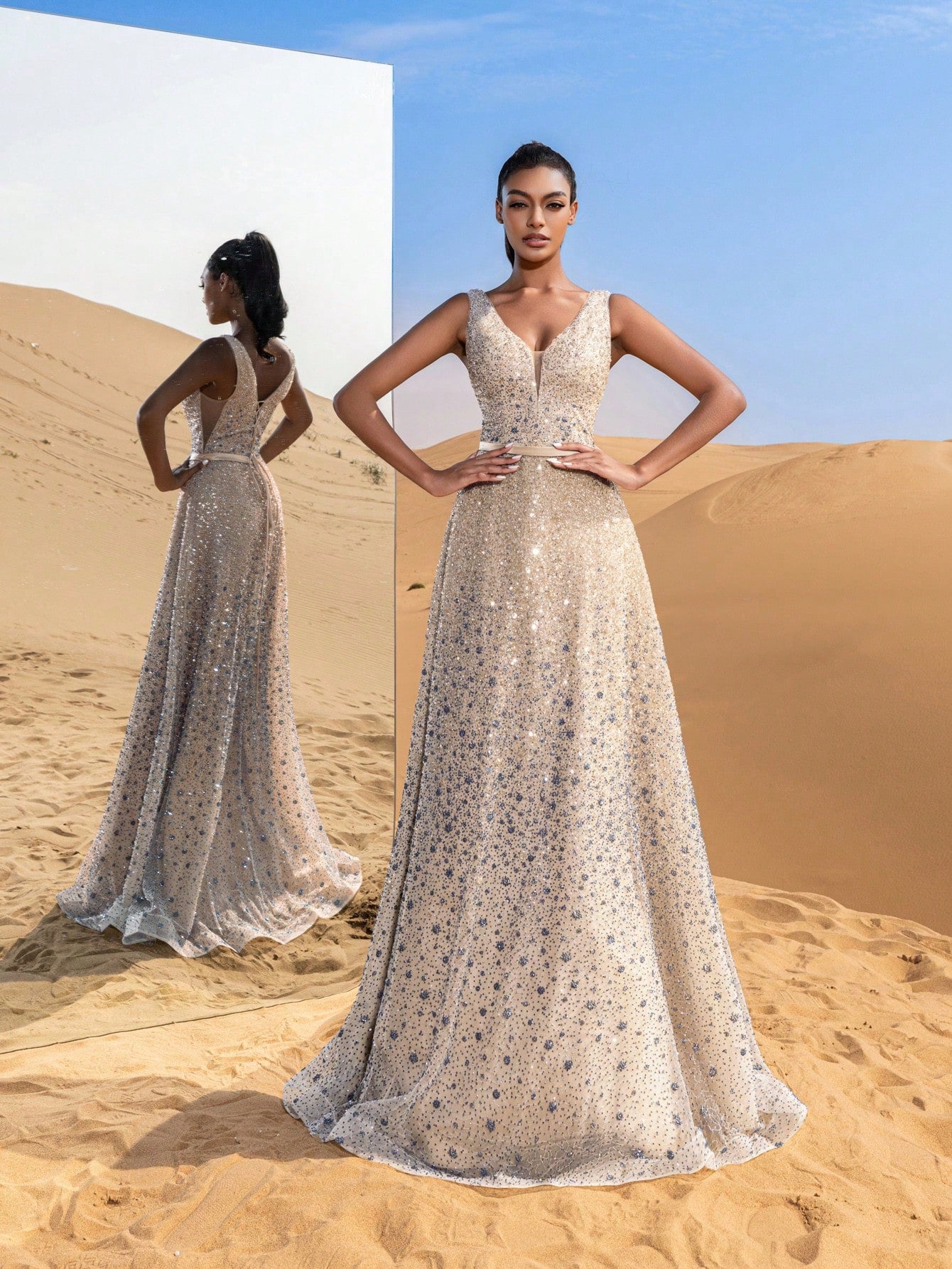 Elegant Plunging Neck Lace-up Beaded Formal Prom Dresses & Evening Gowns