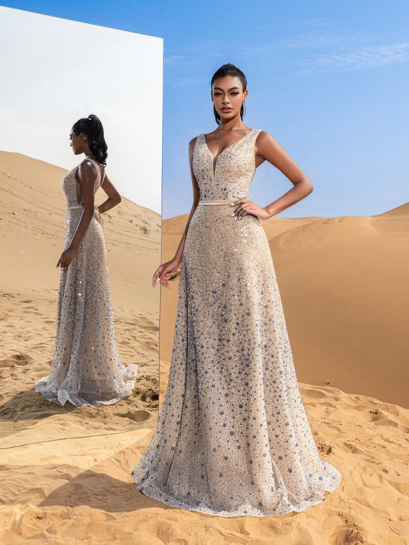 Elegant Plunging Neck Lace-up Beaded Formal Prom Dresses & Evening Gowns