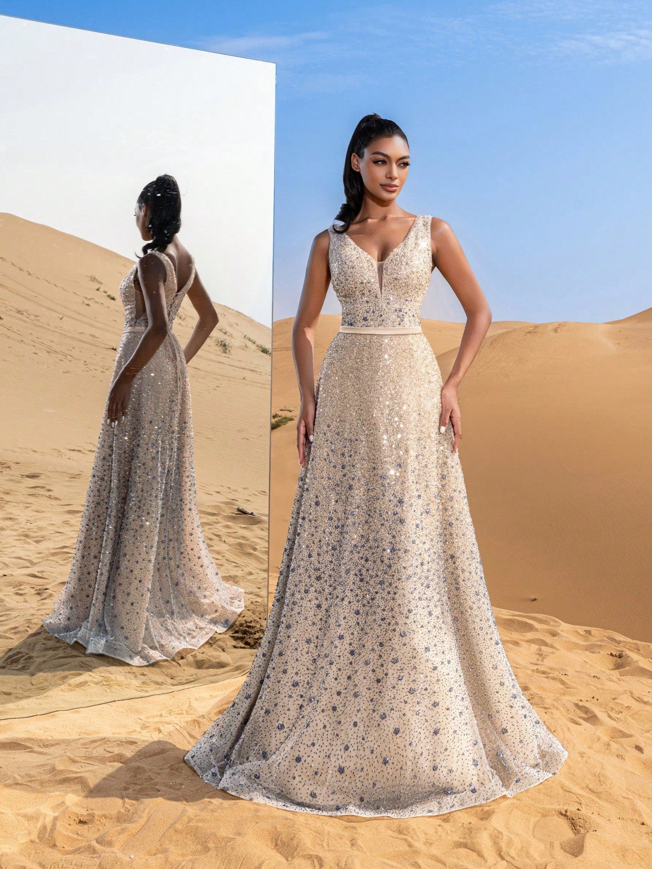 Elegant Plunging Neck Lace-up Beaded Formal Prom Dresses & Evening Gowns
