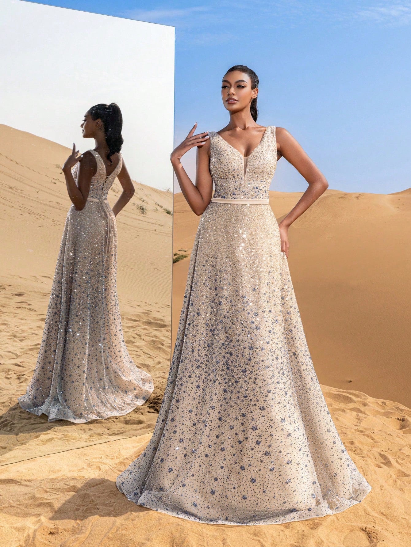 Elegant Plunging Neck Lace-up Beaded Formal Prom Dresses & Evening Gowns
