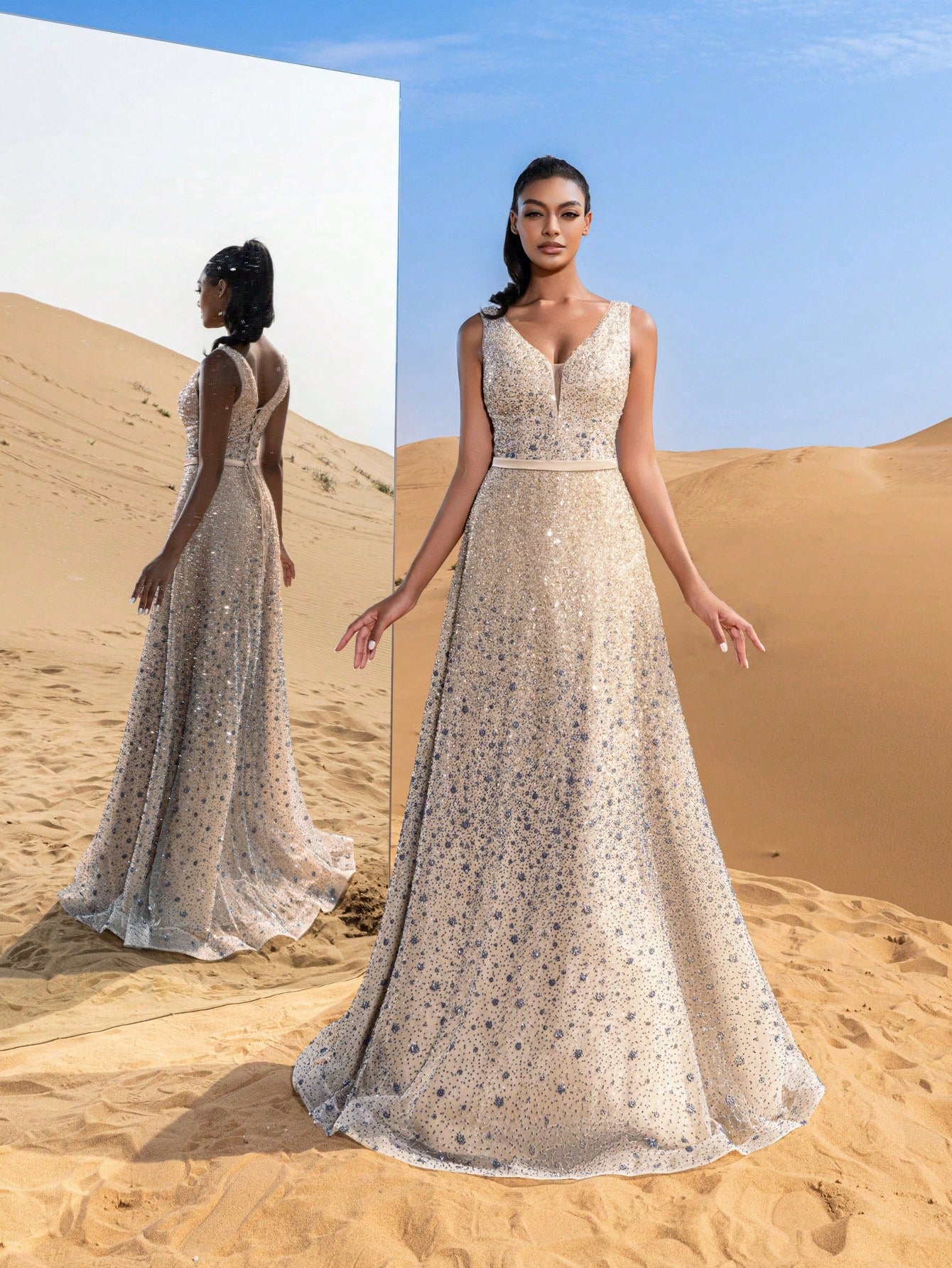 Elegant Plunging Neck Lace-up Beaded Formal Prom Dresses & Evening Gowns