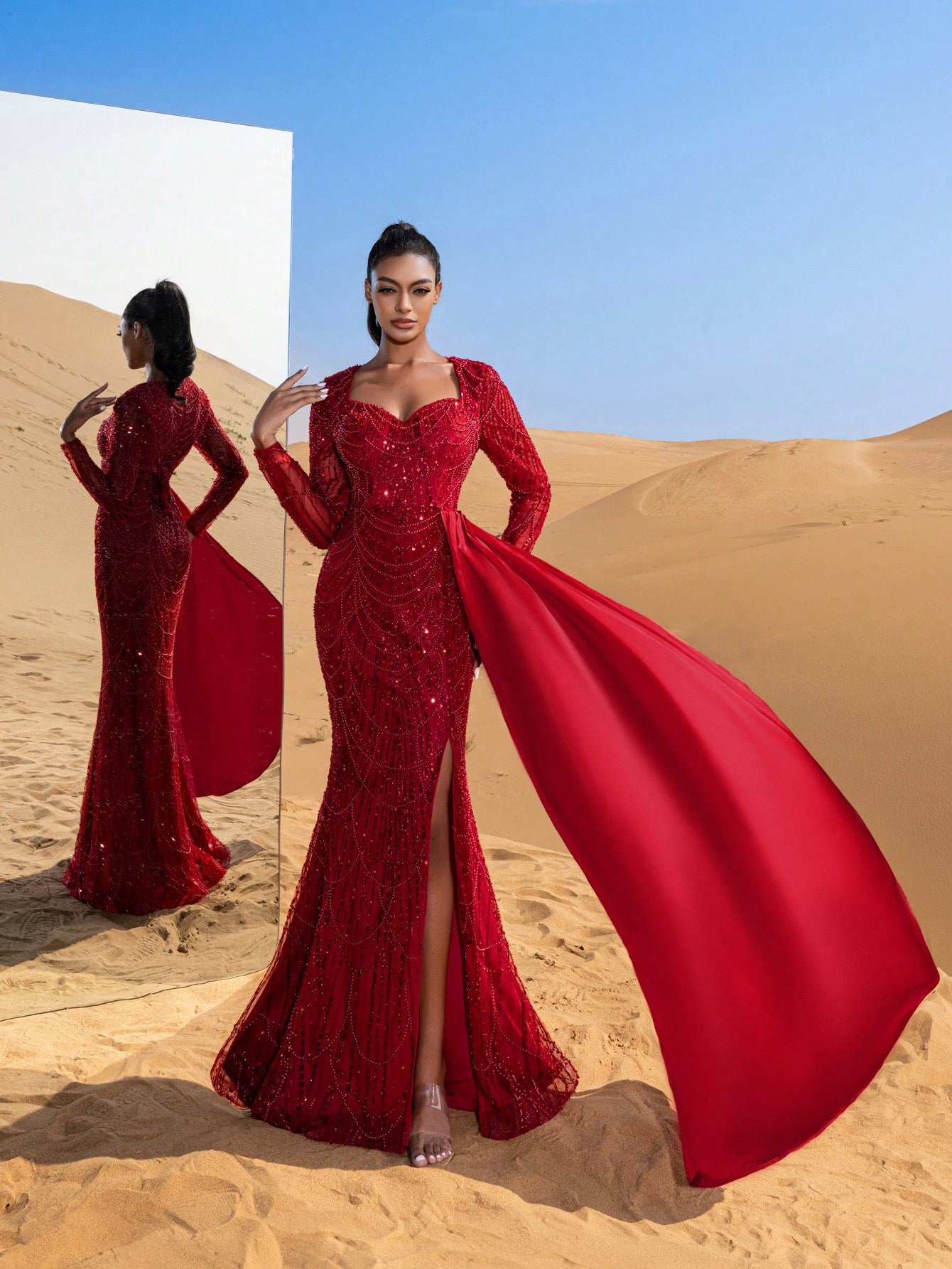 Gorgeous Sweetheart Neck Sheer Sleeves Draped Side Beaded Formal Dresses & Evening Gowns