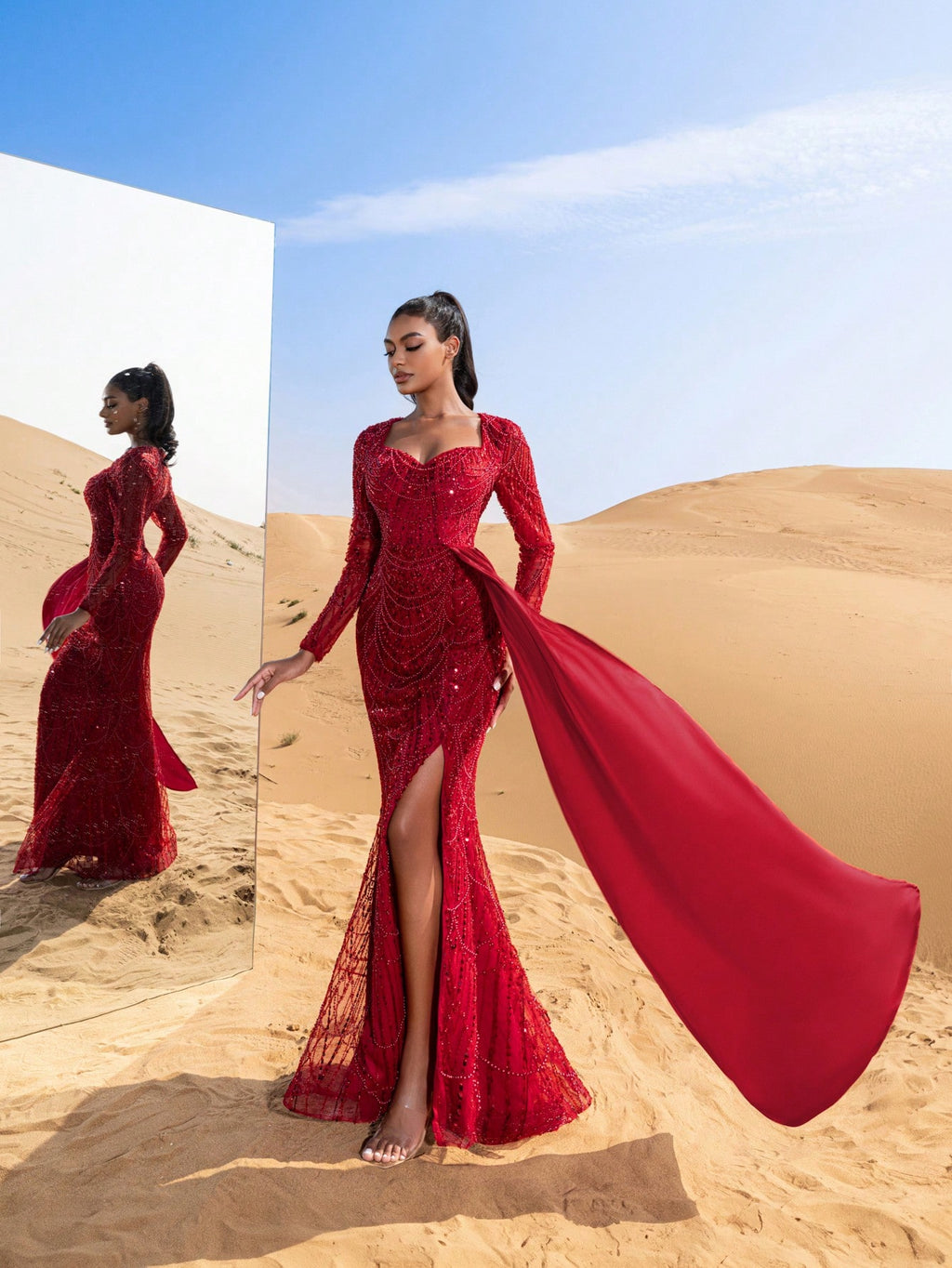 Gorgeous Sweetheart Neck Sheer Sleeves Draped Side Beaded Formal Dresses & Evening Gowns