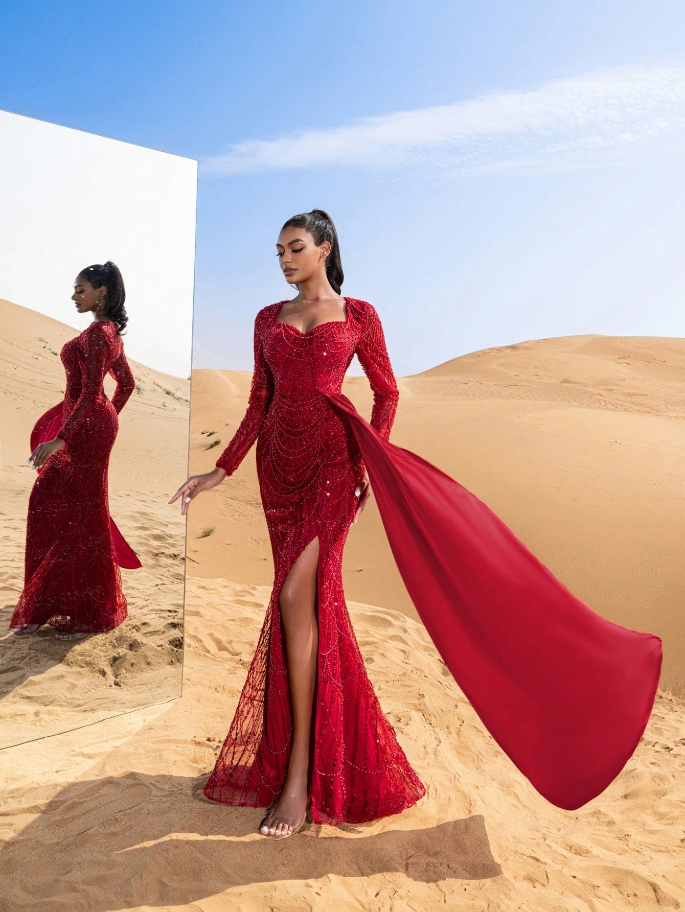 Gorgeous Sweetheart Neck Sheer Sleeves Draped Side Beaded Formal Dresses & Evening Gowns