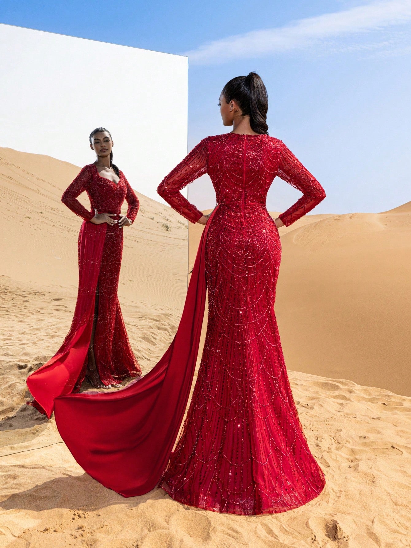 Gorgeous Sweetheart Neck Sheer Sleeves Draped Side Beaded Formal Dresses & Evening Gowns