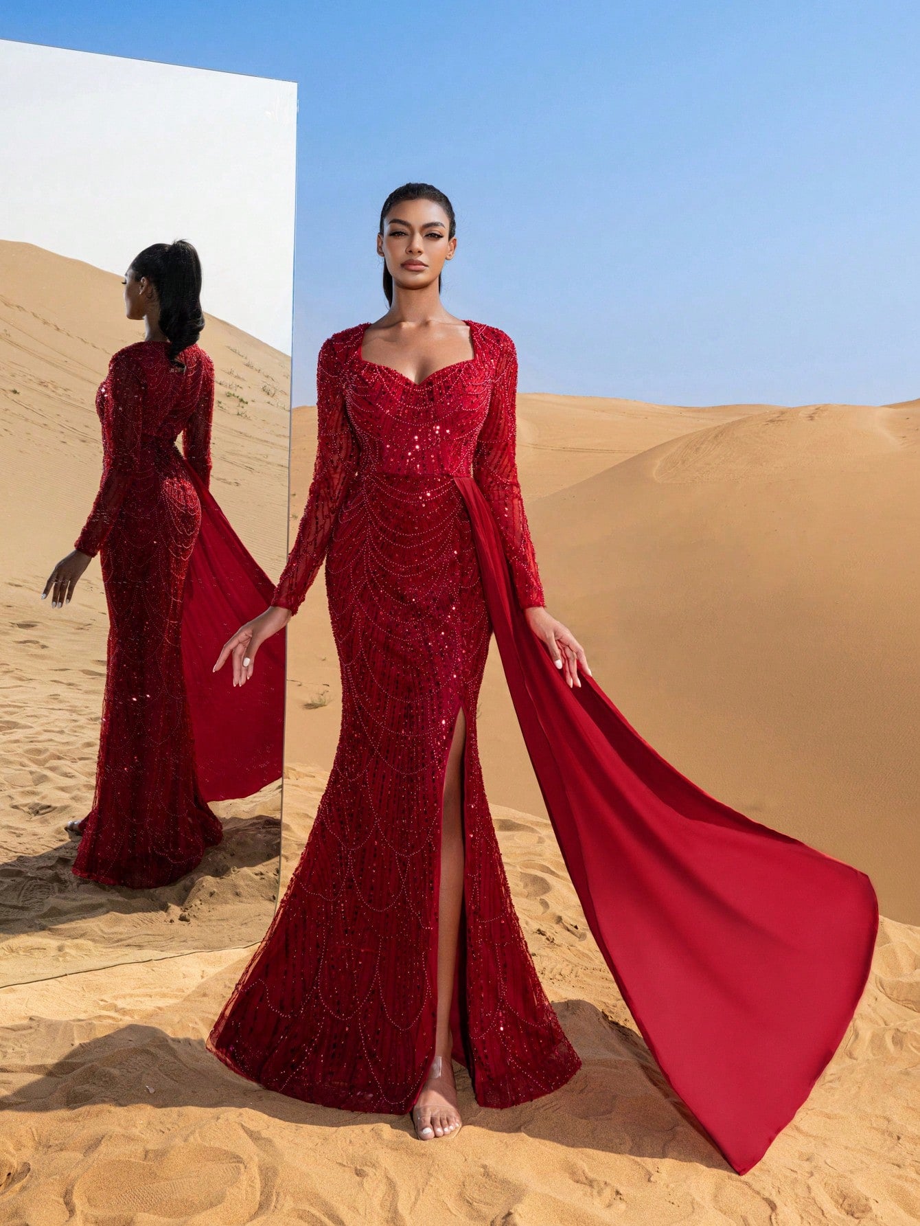 Gorgeous Sweetheart Neck Sheer Sleeves Draped Side Beaded Formal Dresses & Evening Gowns