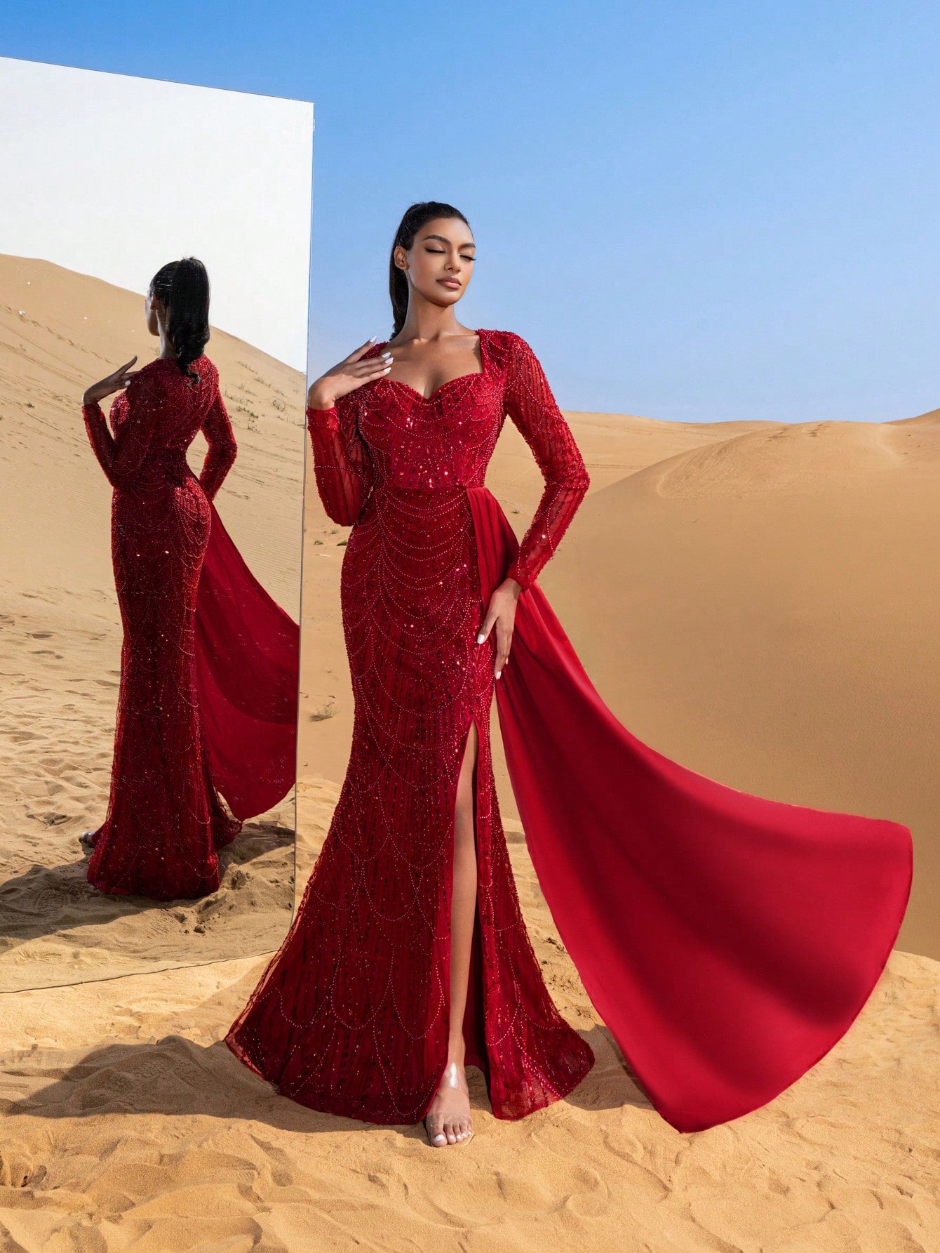 Gorgeous Sweetheart Neck Sheer Sleeves Draped Side Beaded Formal Dresses & Evening Gowns