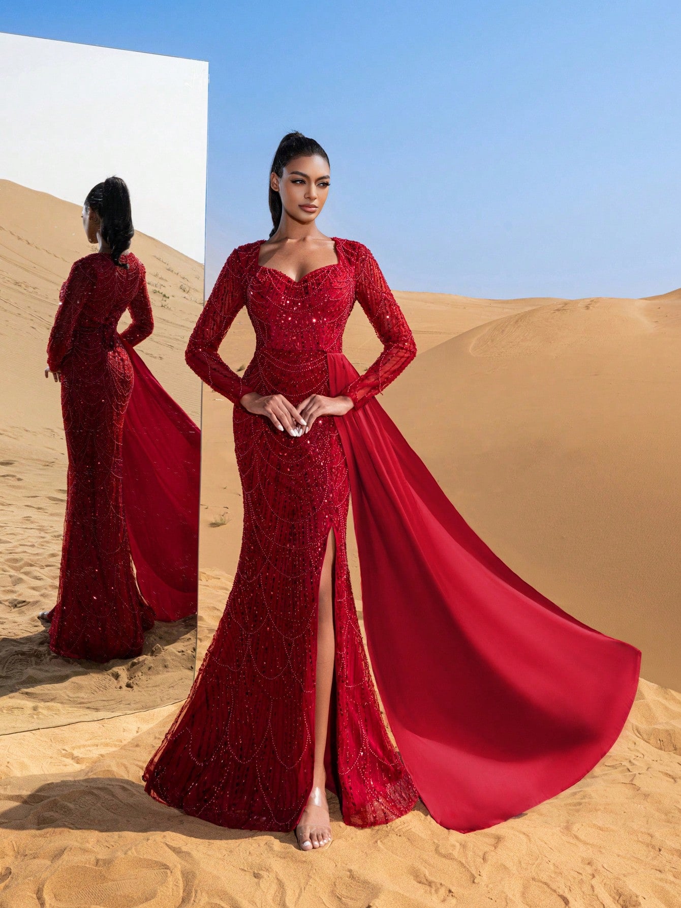Gorgeous Sweetheart Neck Sheer Sleeves Draped Side Beaded Formal Dresses & Evening Gowns