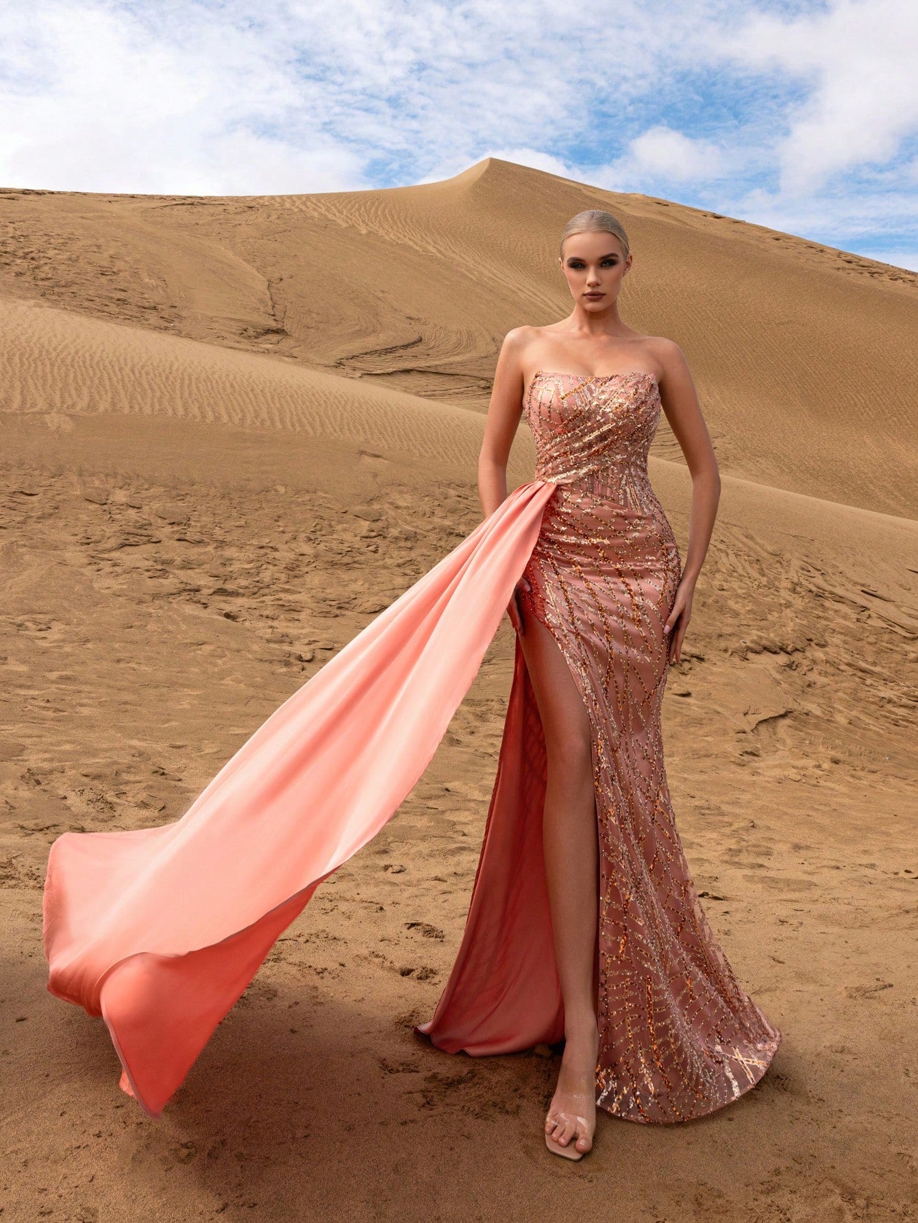 Gorgeous Strapless Draped Side Mermaid Hem Graphic Sequin Party Dress