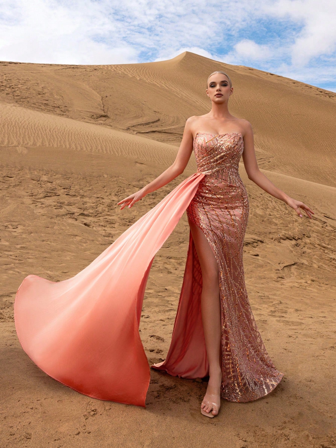 Gorgeous Strapless Draped Side Mermaid Hem Graphic Sequin Party Dress