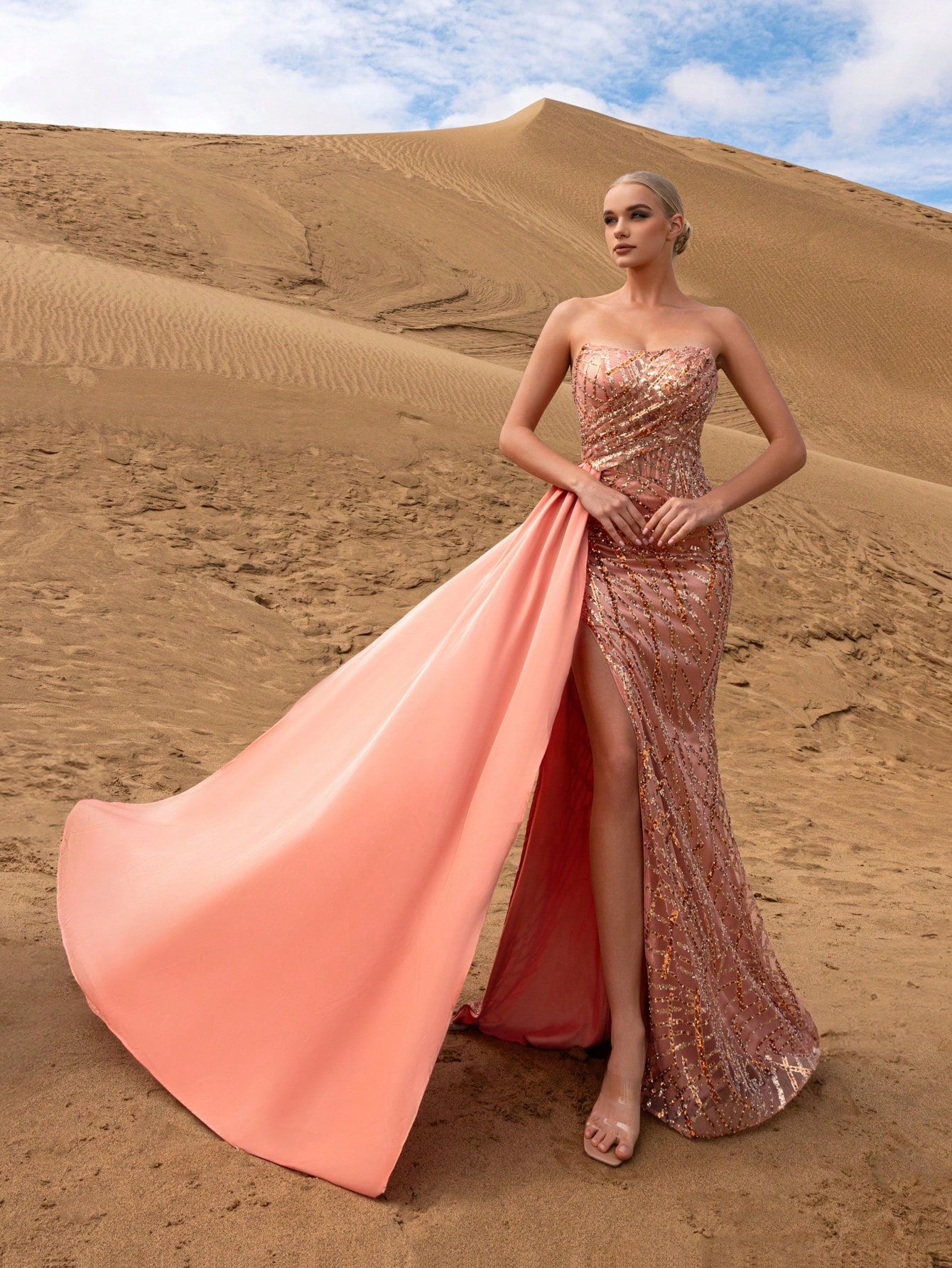 Gorgeous Strapless Draped Side Mermaid Hem Graphic Sequin Party Dress