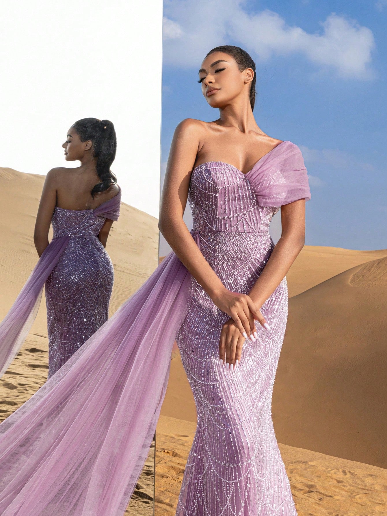 Asymmetrical One Shoulder Draped Side Sequin Prom Beaded Formal Dresses & Evening Gowns Dress & Embellished Dress