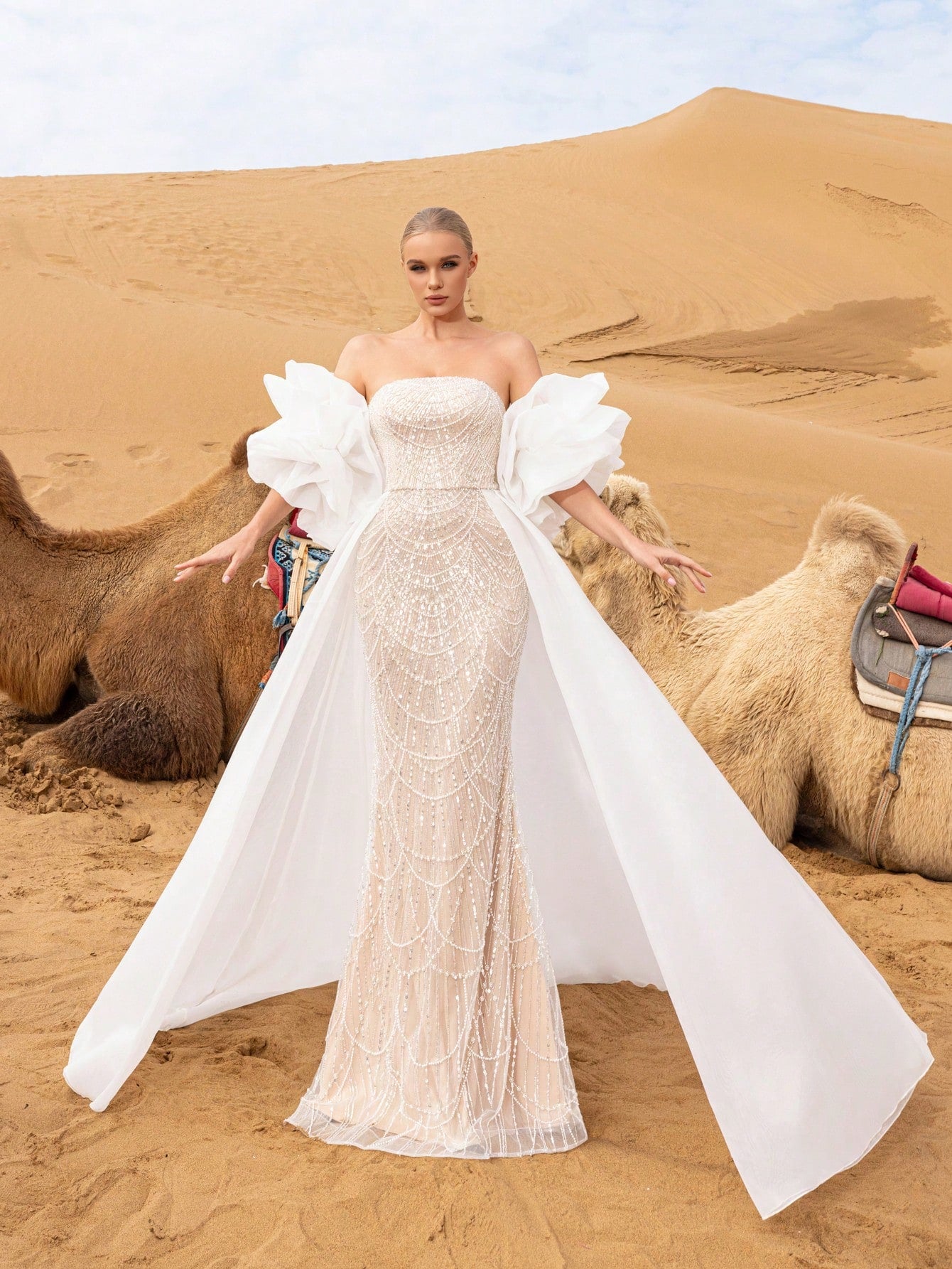 Luxury Strapless Mermaid Hem Beaded Formal Dresses & Evening Gowns With Dramatic Ruffled Sleeves