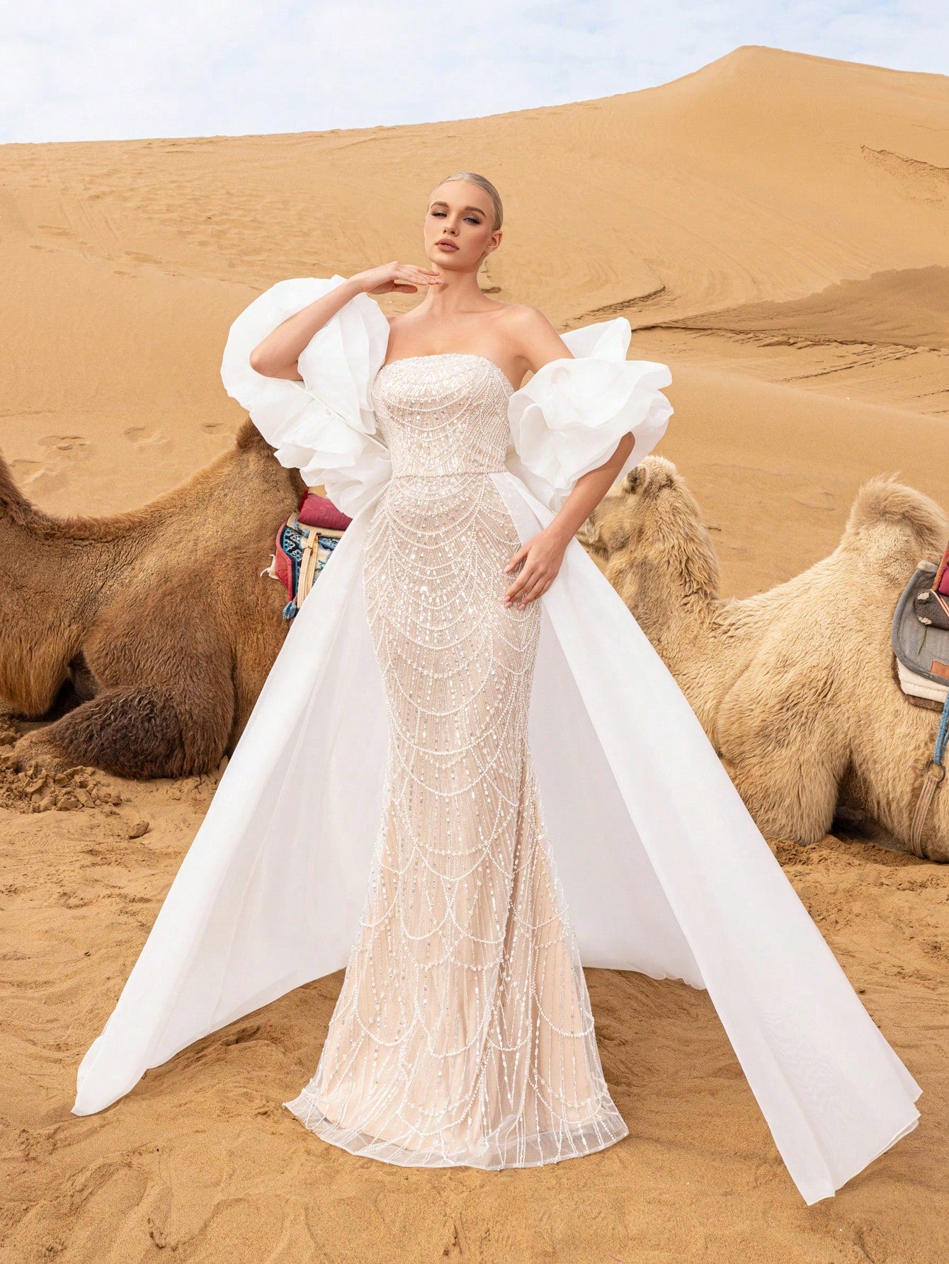 Luxury Strapless Mermaid Hem Beaded Formal Dresses & Evening Gowns With Dramatic Ruffled Sleeves