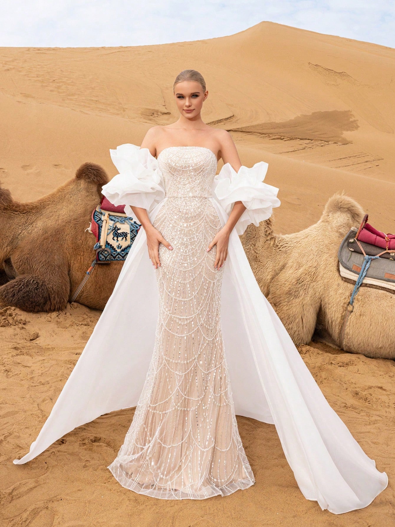 Luxury Strapless Mermaid Hem Beaded Formal Dresses & Evening Gowns With Dramatic Ruffled Sleeves