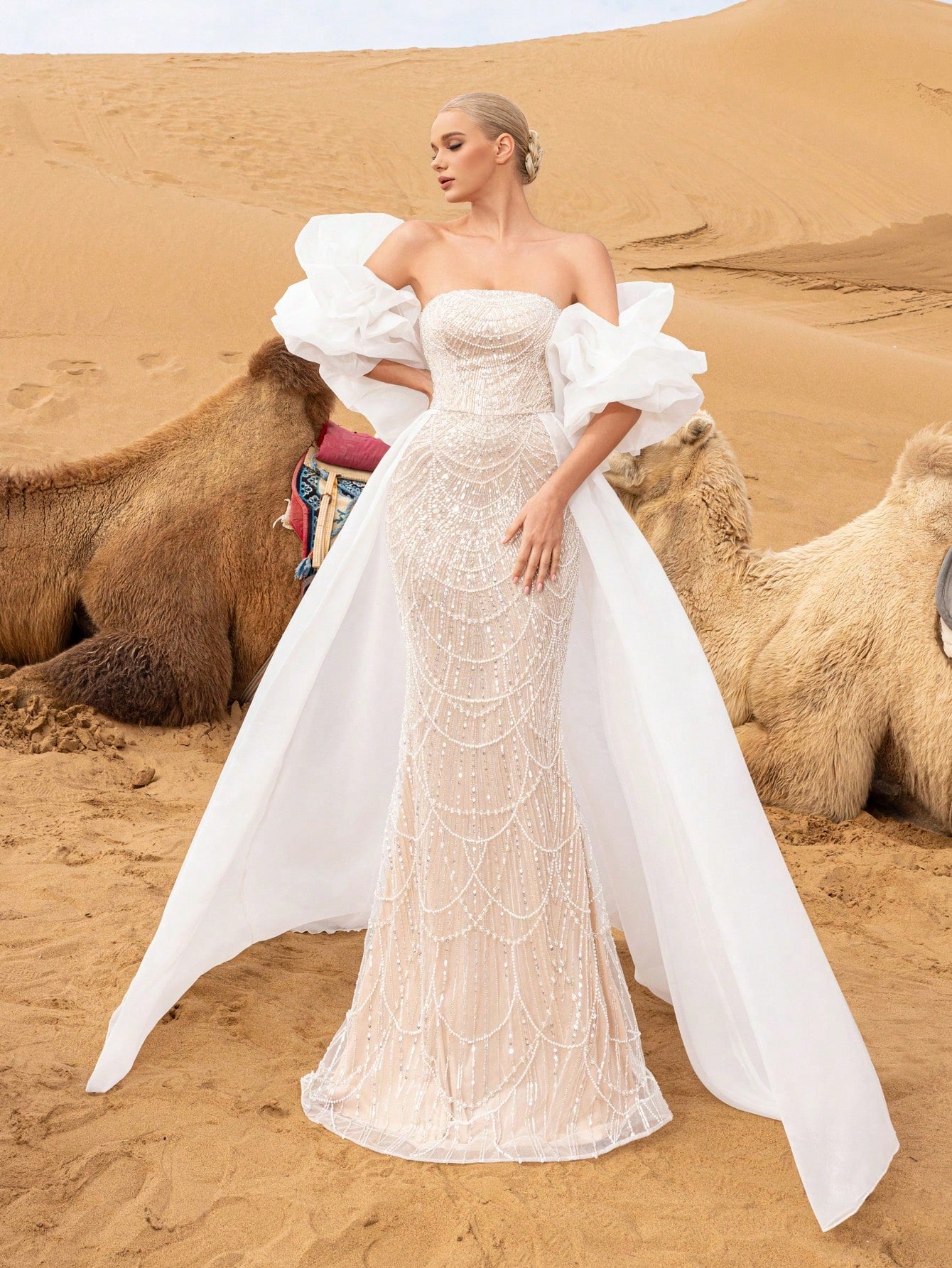 Luxury Strapless Mermaid Hem Beaded Formal Dresses & Evening Gowns With Dramatic Ruffled Sleeves