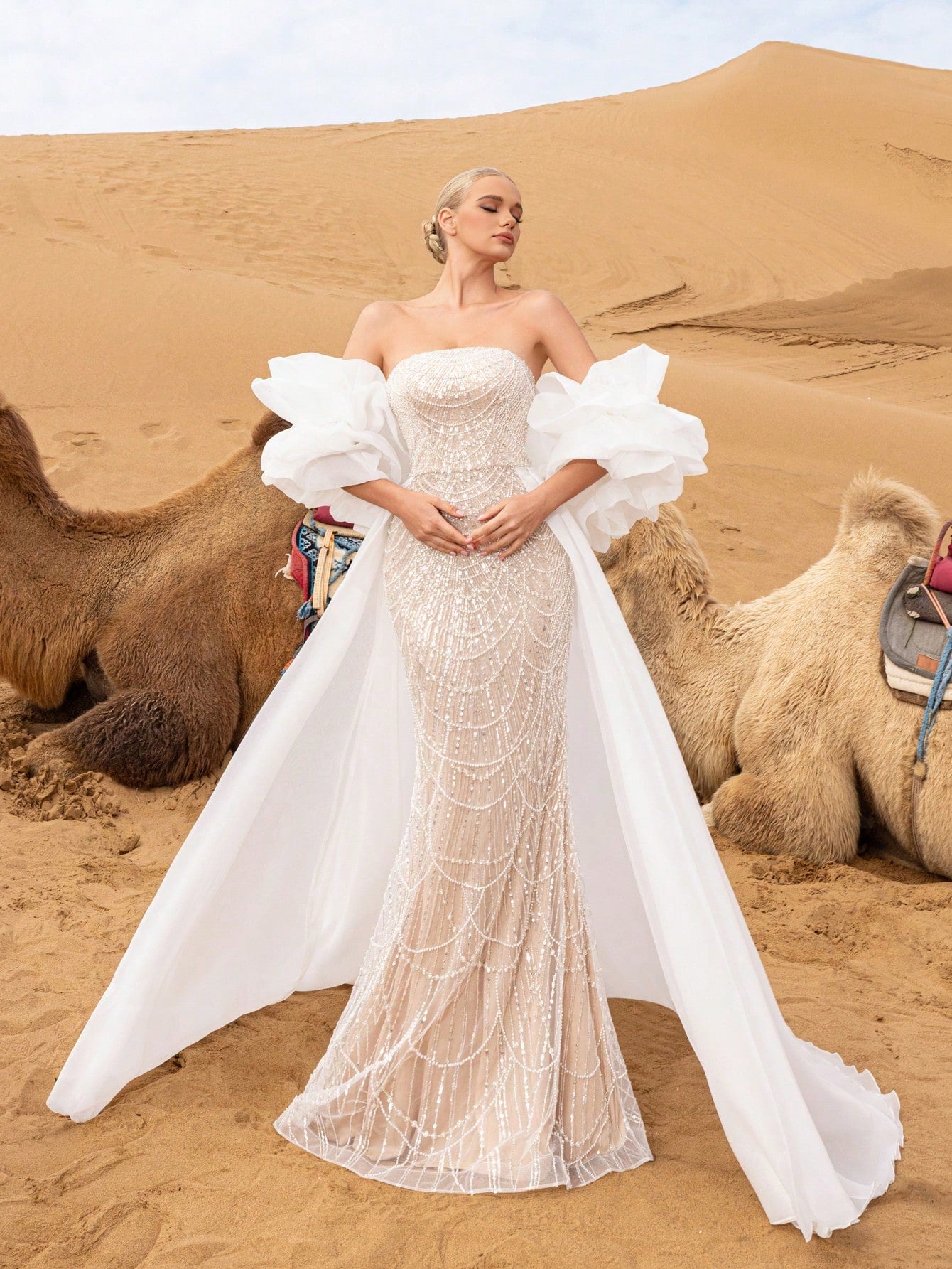 Luxury Strapless Mermaid Hem Beaded Formal Dresses & Evening Gowns With Dramatic Ruffled Sleeves
