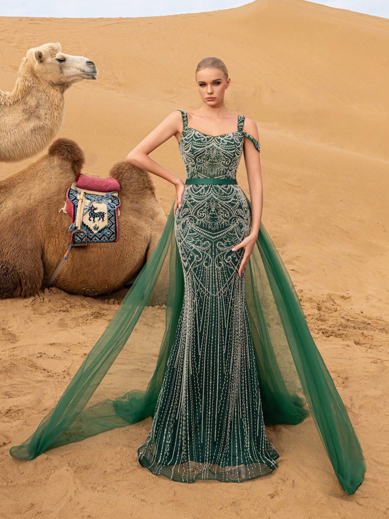 Gorgeous Off Shoulder Mermaid Hem Mesh Train Graphic Beaded Formal Dresses & Evening Gowns