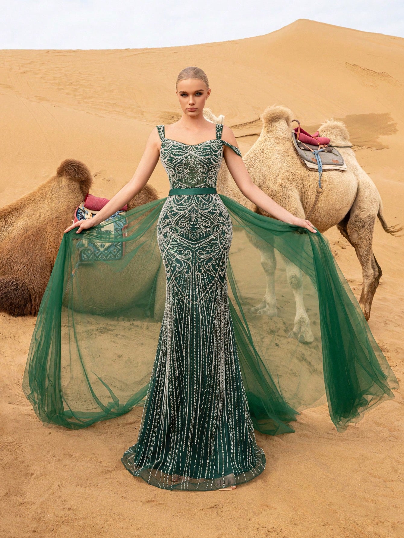 Gorgeous Off Shoulder Mermaid Hem Mesh Train Graphic Beaded Formal Dresses & Evening Gowns