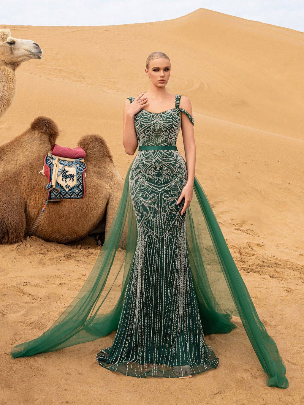 Gorgeous Off Shoulder Mermaid Hem Mesh Train Graphic Beaded Formal Dresses & Evening Gowns