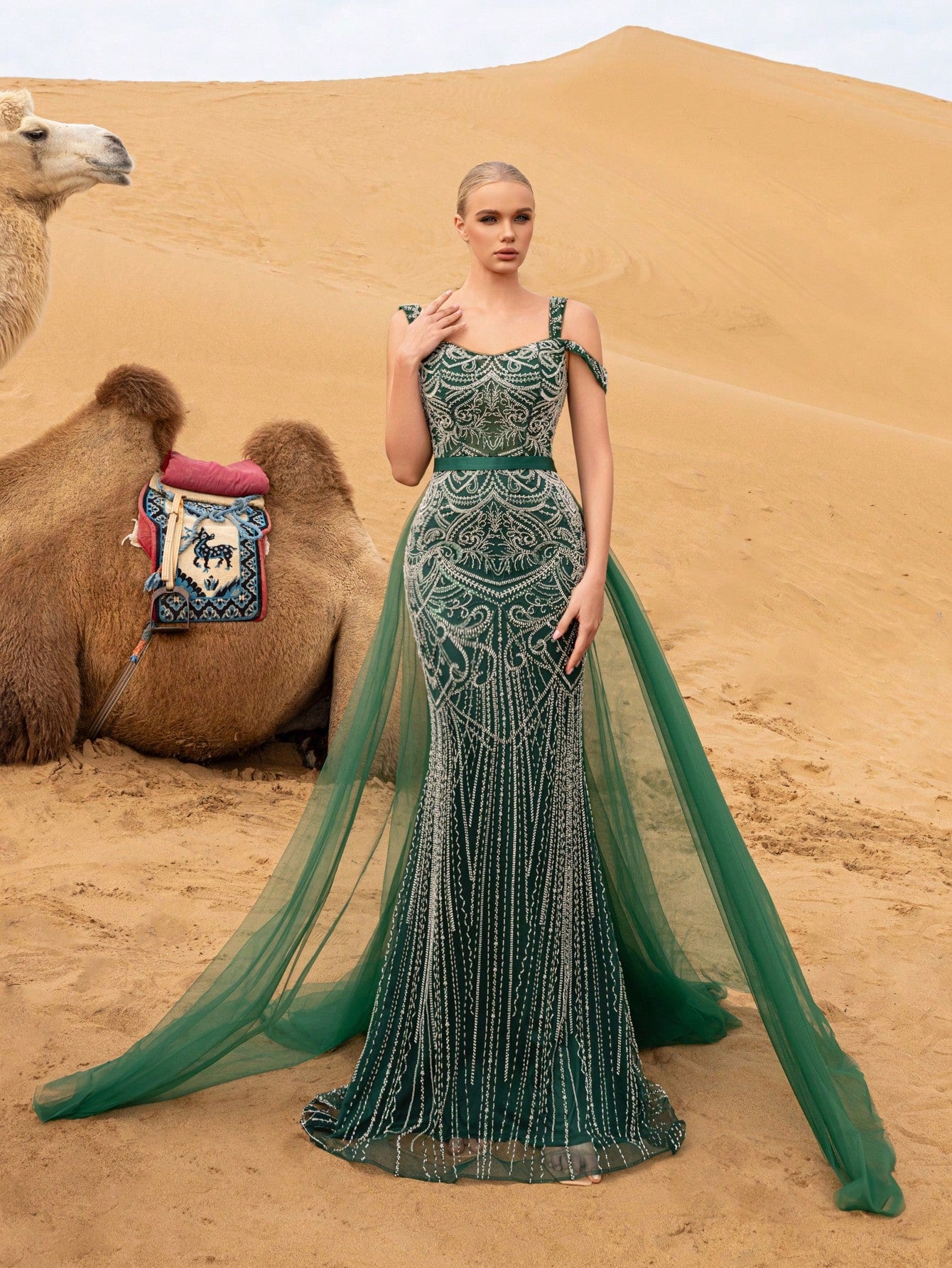 Gorgeous Off Shoulder Mermaid Hem Mesh Train Graphic Beaded Formal Dresses & Evening Gowns