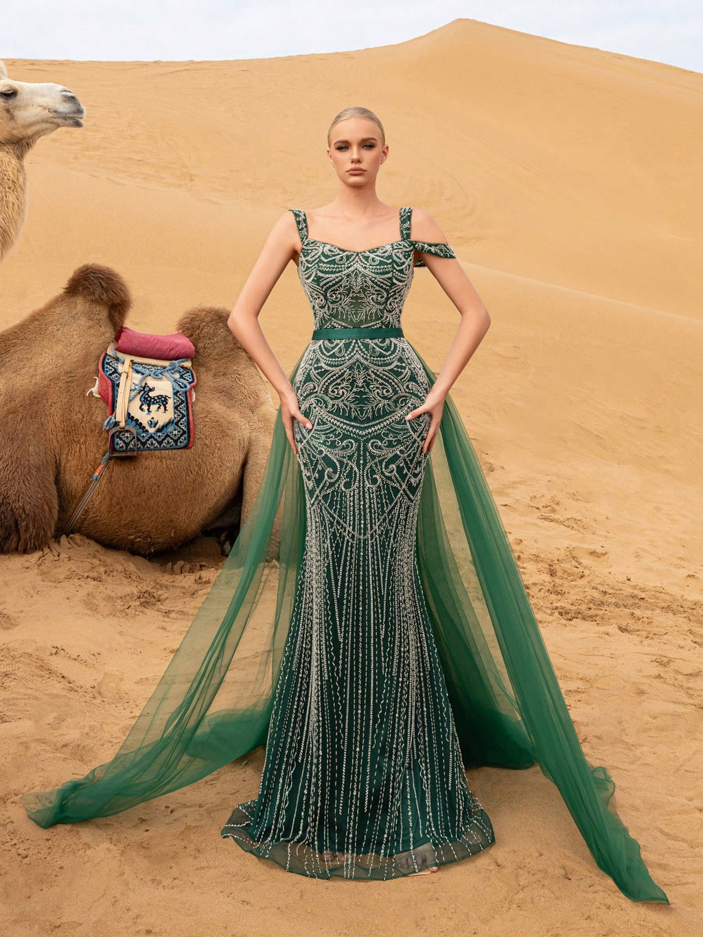 Gorgeous Off Shoulder Mermaid Hem Mesh Train Graphic Beaded Formal Dresses & Evening Gowns